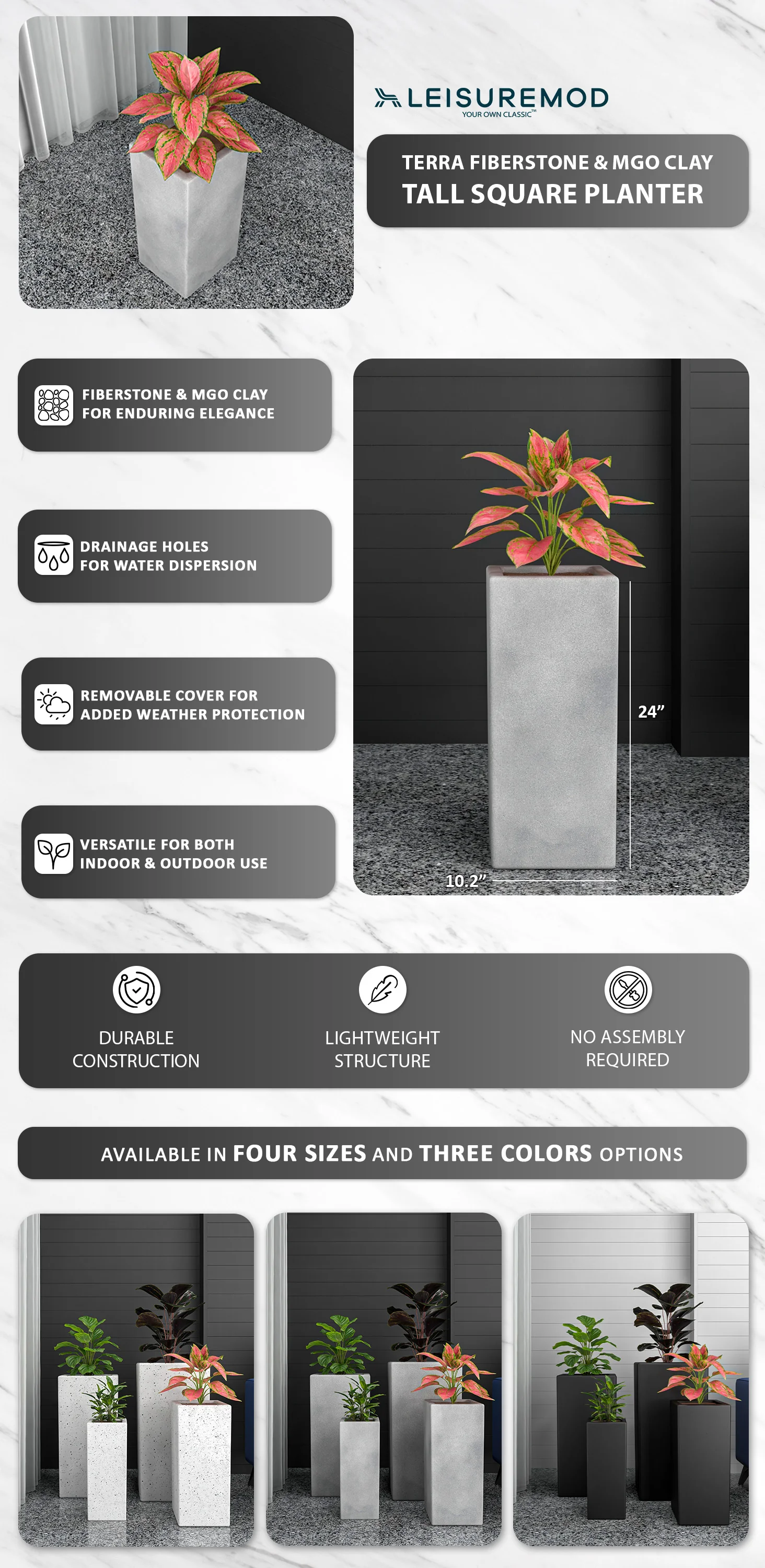 Terra Series Poly Stone Plant...n Aged Concrete 10.2" x 10.2" 23.6" High