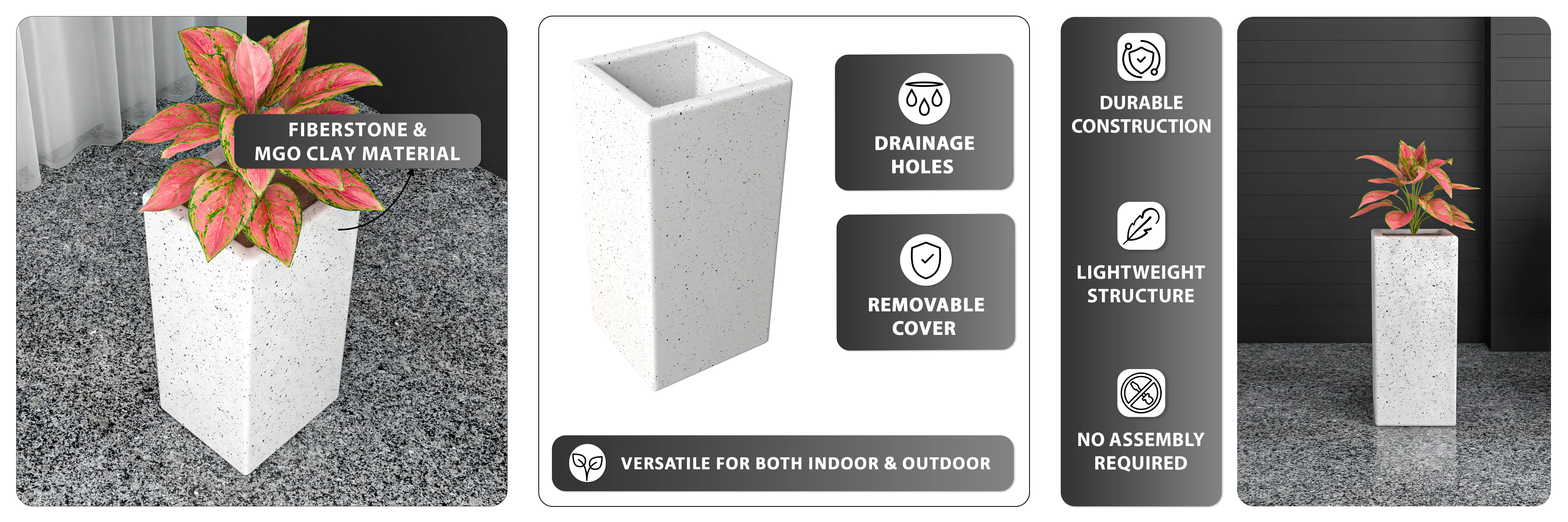 Terra Series Poly Stone Planter in Dotted White 10.2" x 10.2" 23.6" High