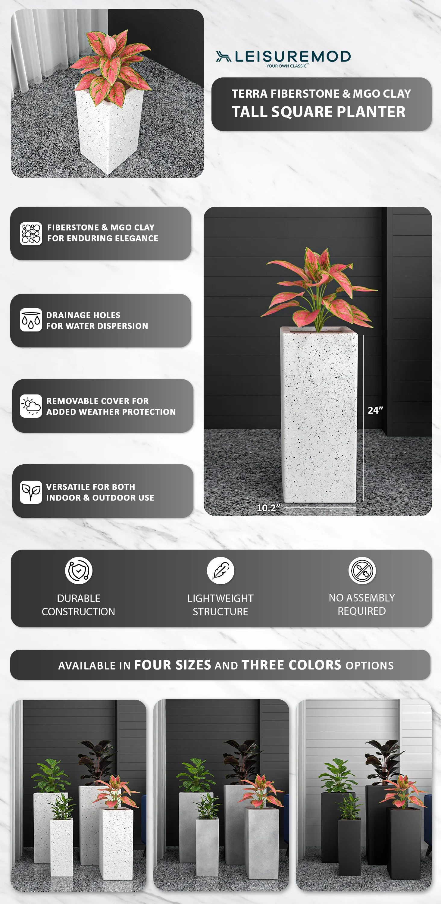 Terra Series Poly Stone Planter in Dotted White 10.2" x 10.2" 23.6" High