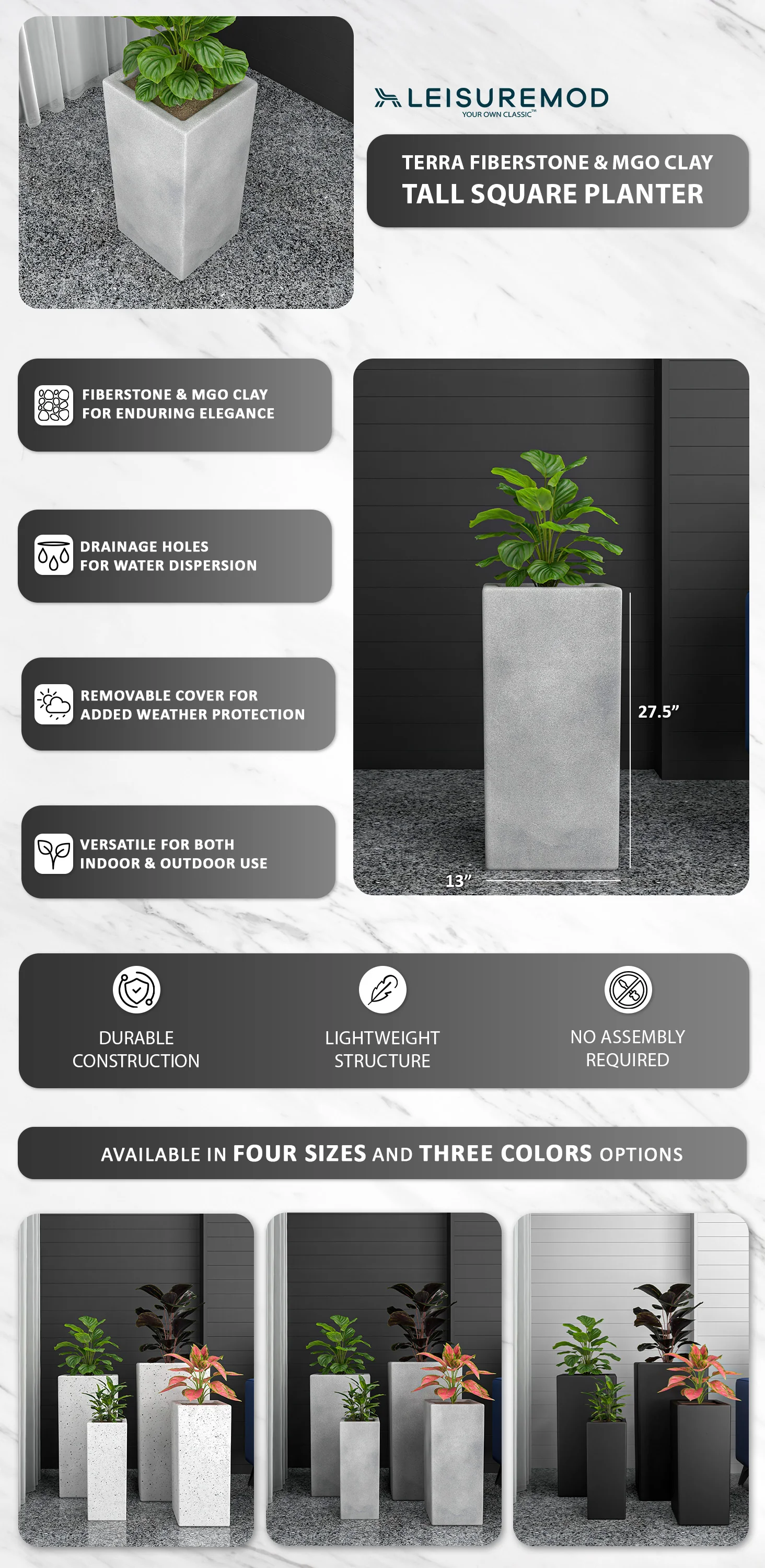 Terra Series Poly Stone Planter in Aged Concrete 13" x 13" 27.6" High