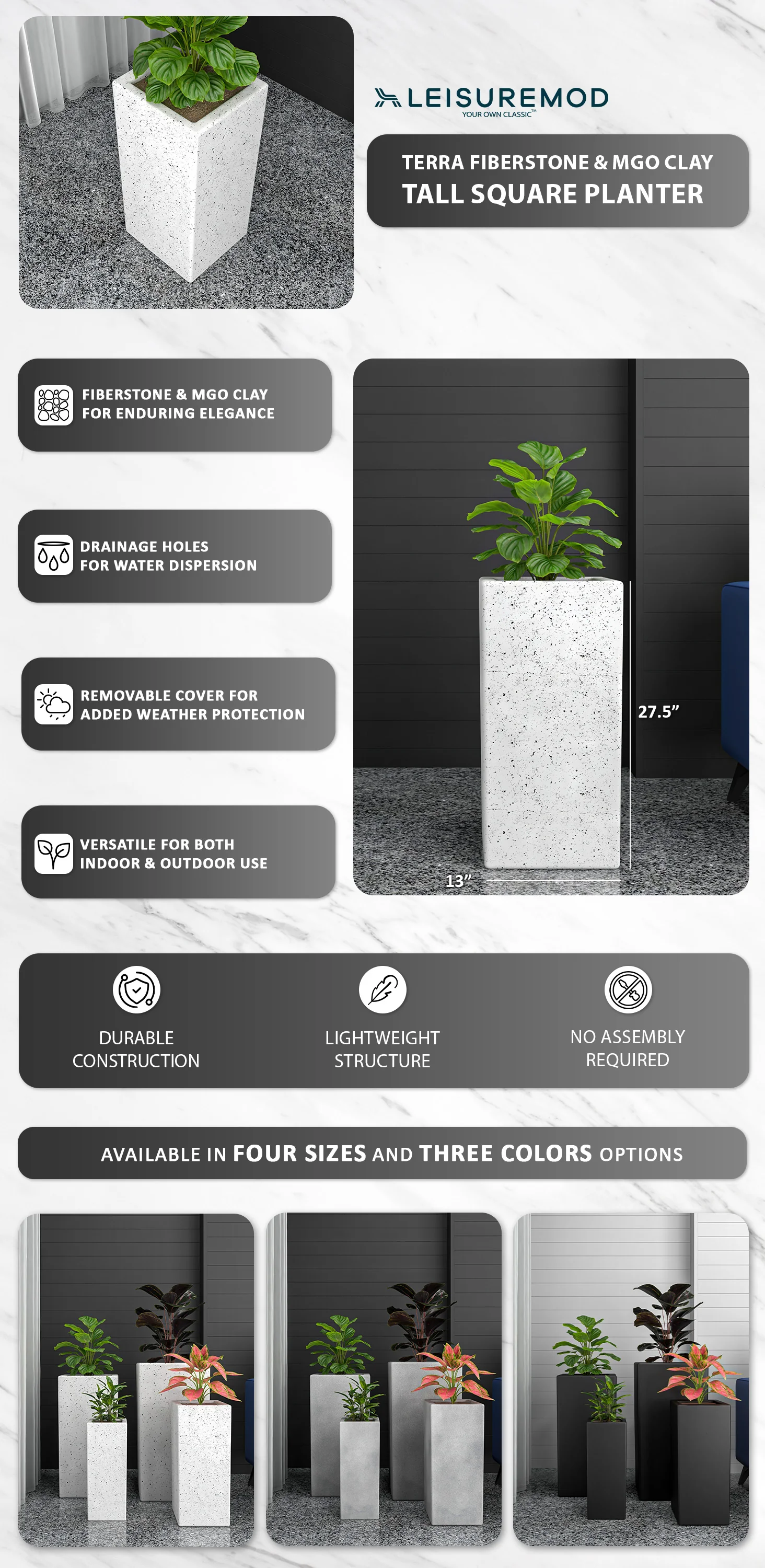 Terra Series Poly Stone Planter in Dotted White 13" x 13" 27.6" High