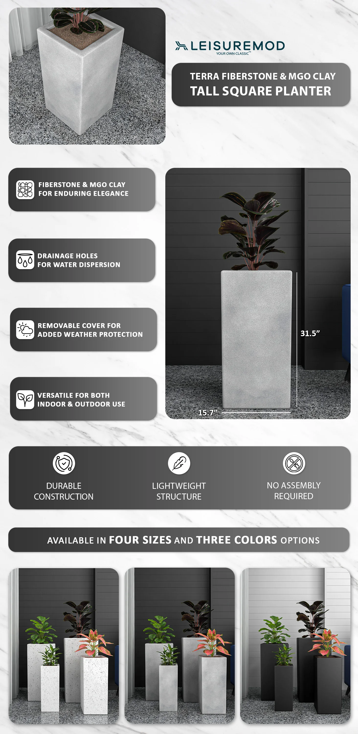 Terra Series Poly Stone Planter in Aged Concrete 15" x 15" 31.5" High