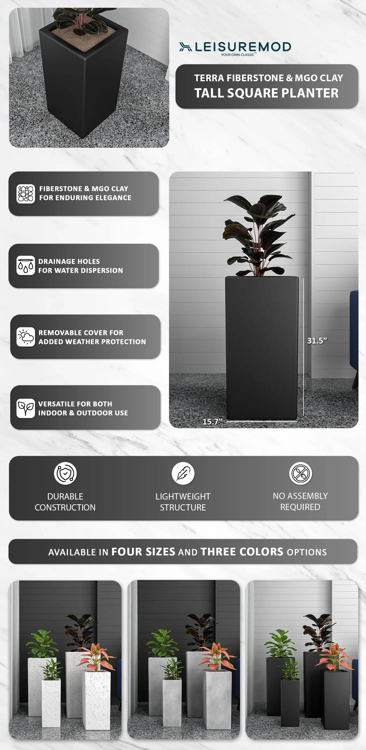 Terra Series Poly Stone Planter in Black 15" x 15" 31.5" High