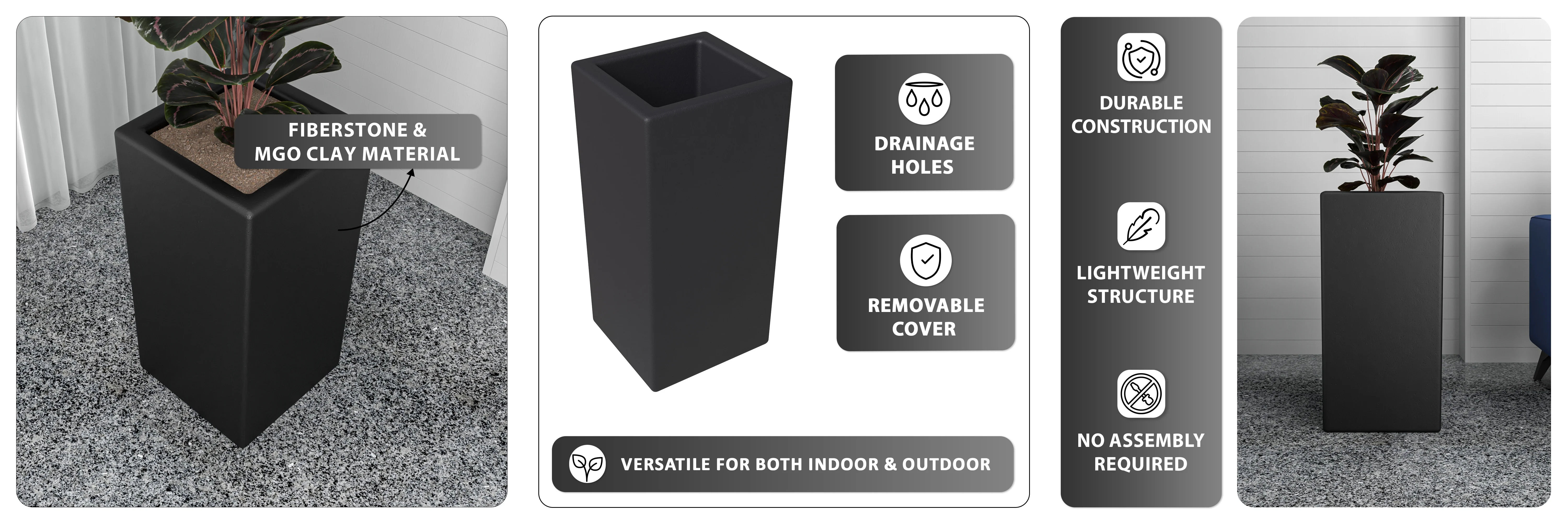 Terra Series Poly Stone Planter in Black 15" x 15" 31.5" High