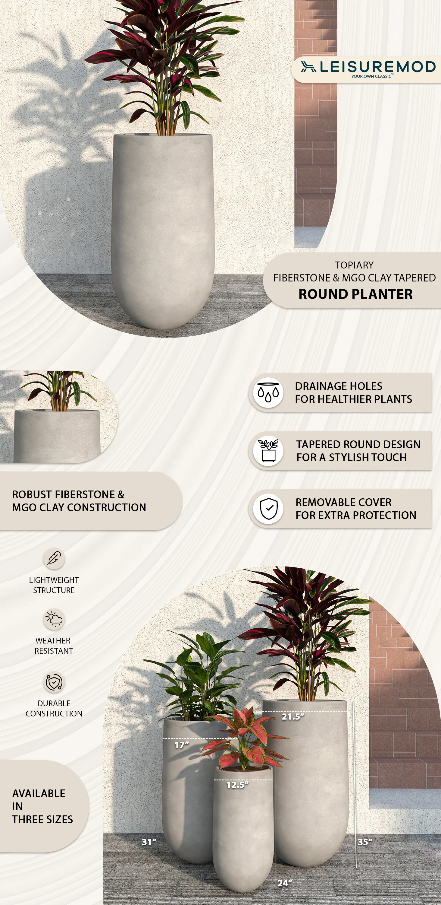 Topiary Series Poly Stone Planter in Dark Grey 18.7 Dia, 35.4 High
