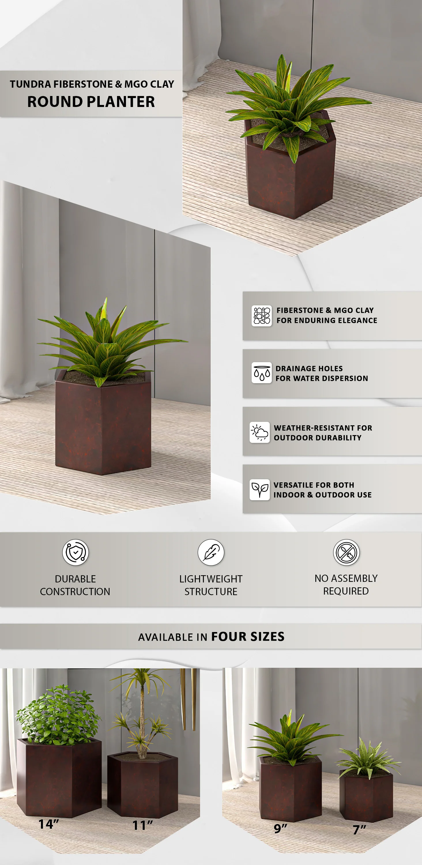 Thicket Series Poly Stone Planter in Brown 9 High
