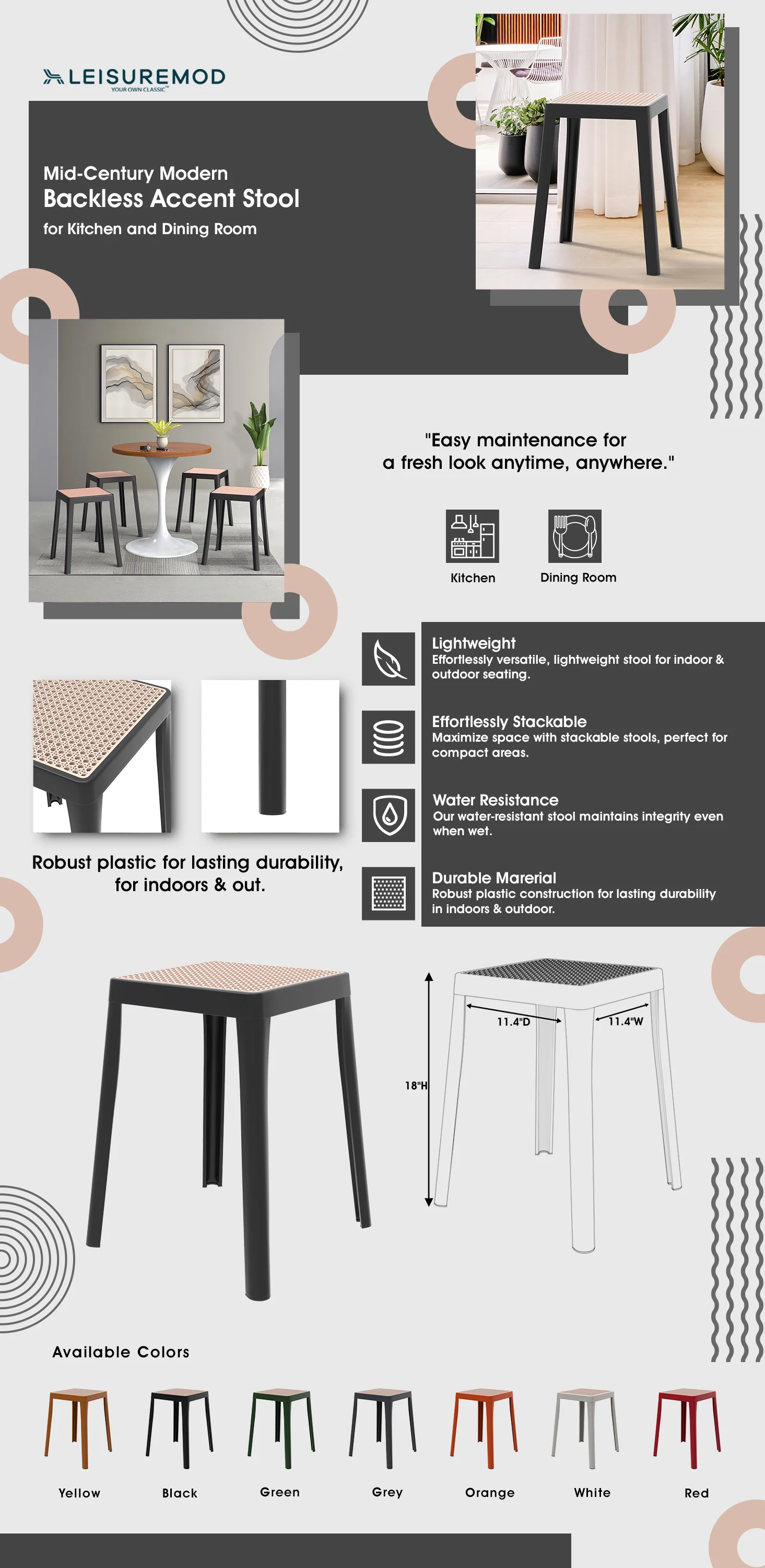 Tresse Series Stackable Poly Stool With Wicker Top 12 in Black