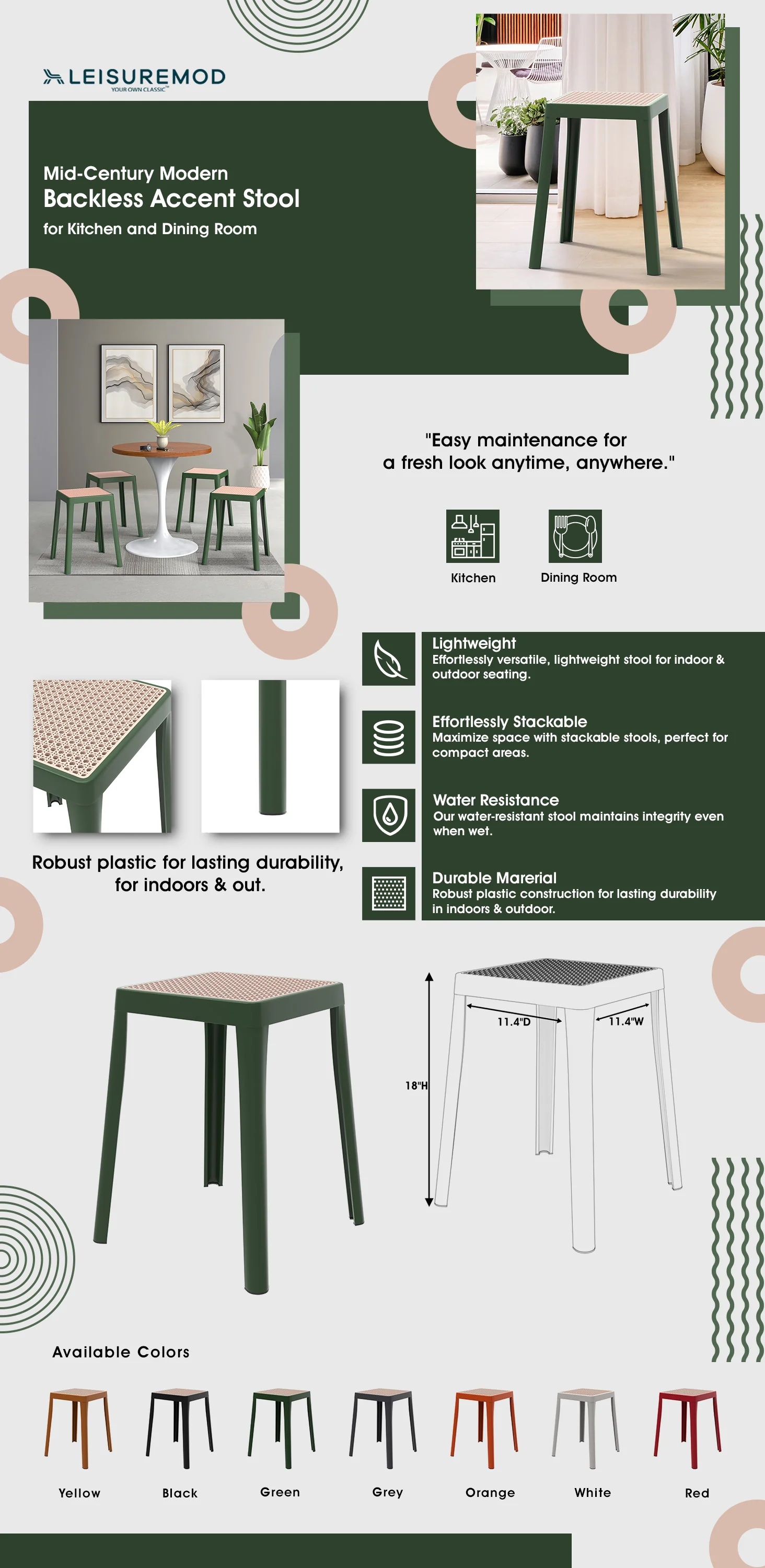 Tresse Series Stackable Poly Stool With Wicker Top 12 in Green