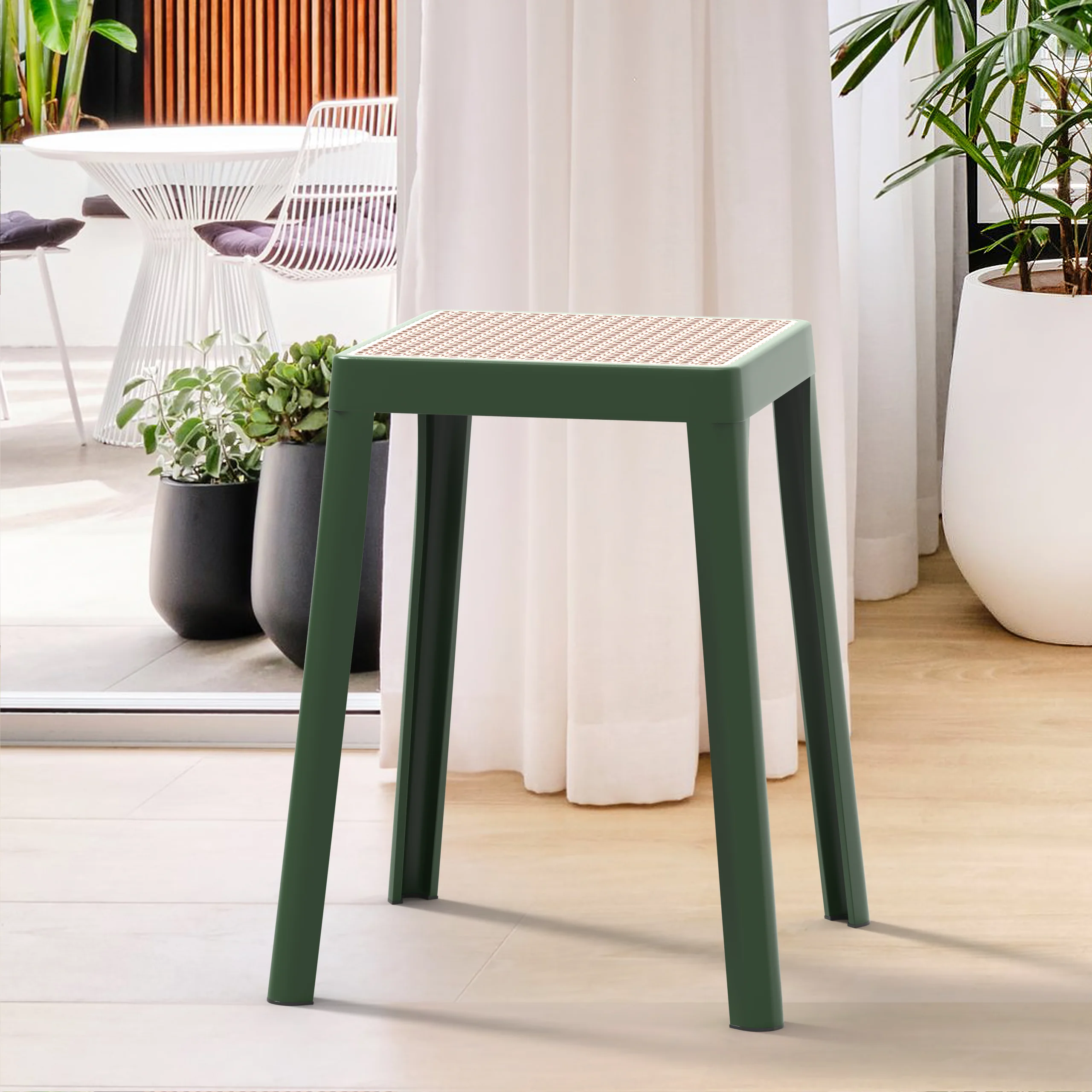Tresse Series Stackable Poly Stool With Wicker Top 12 in Green