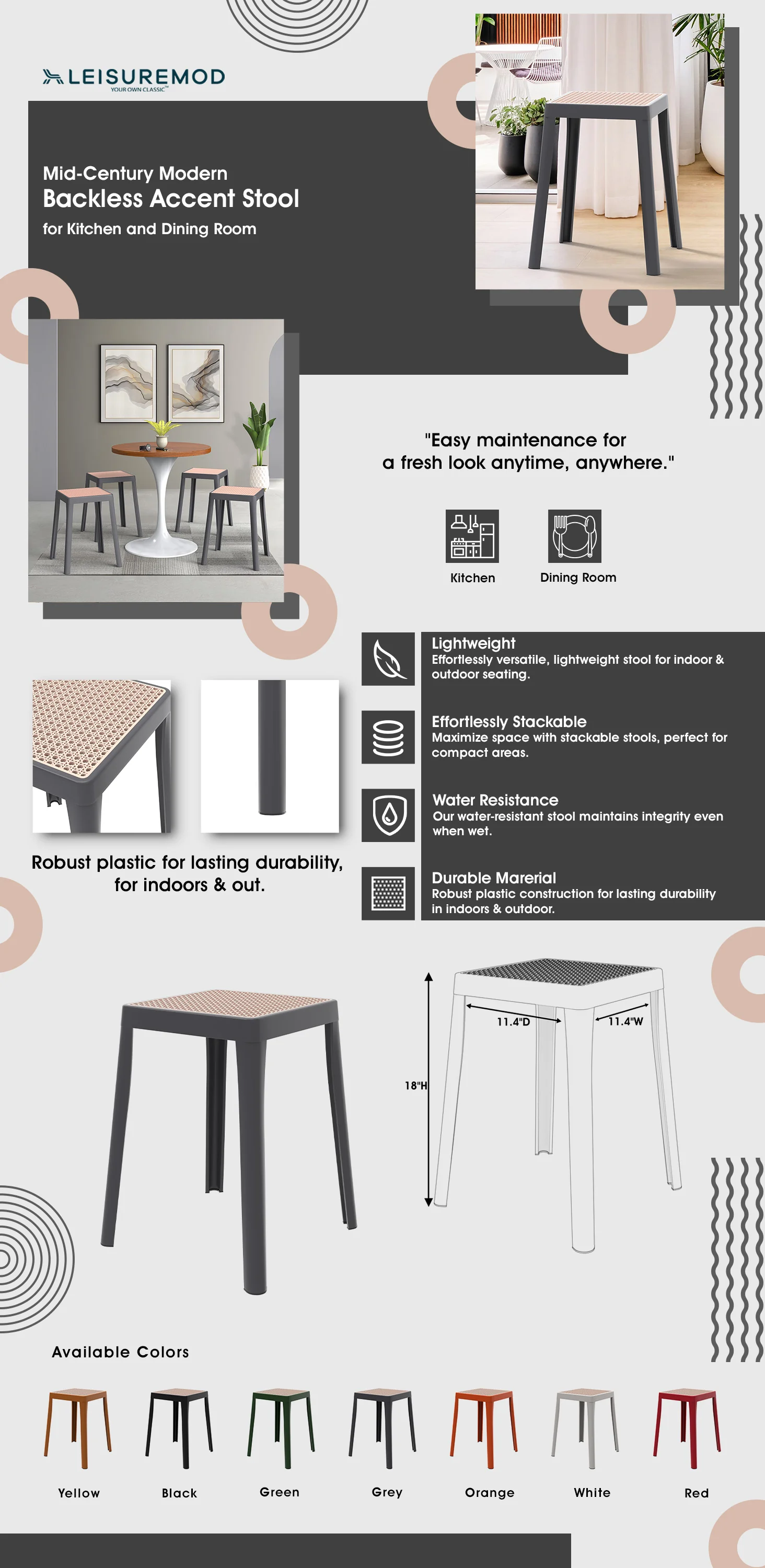 Tresse Series Stackable Poly Stool With Wicker Top 12 in Grey