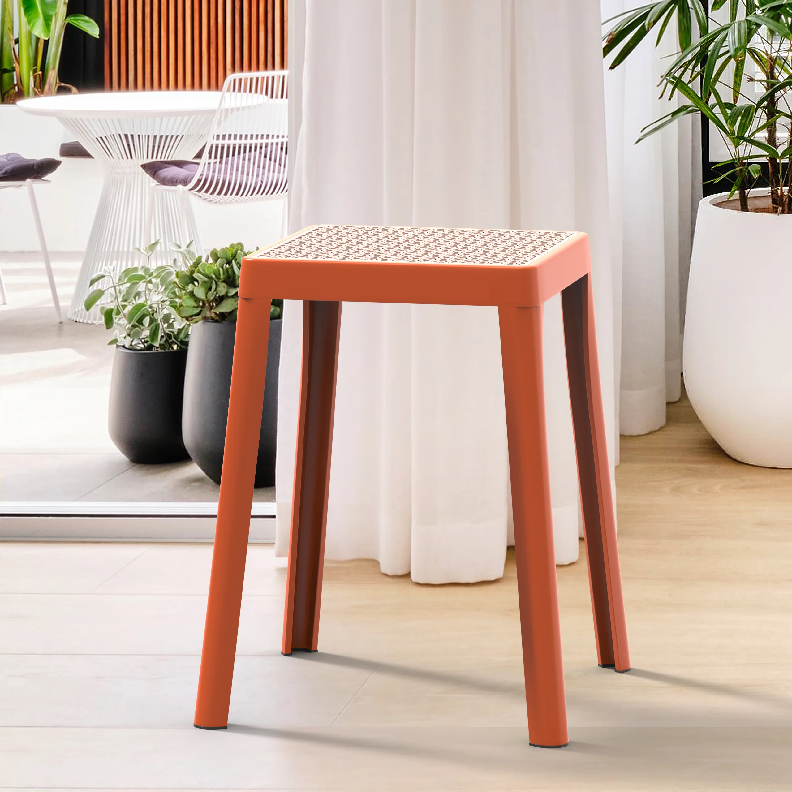 Tresse Series Stackable Poly Stool With Wicker Top 12 in Orange