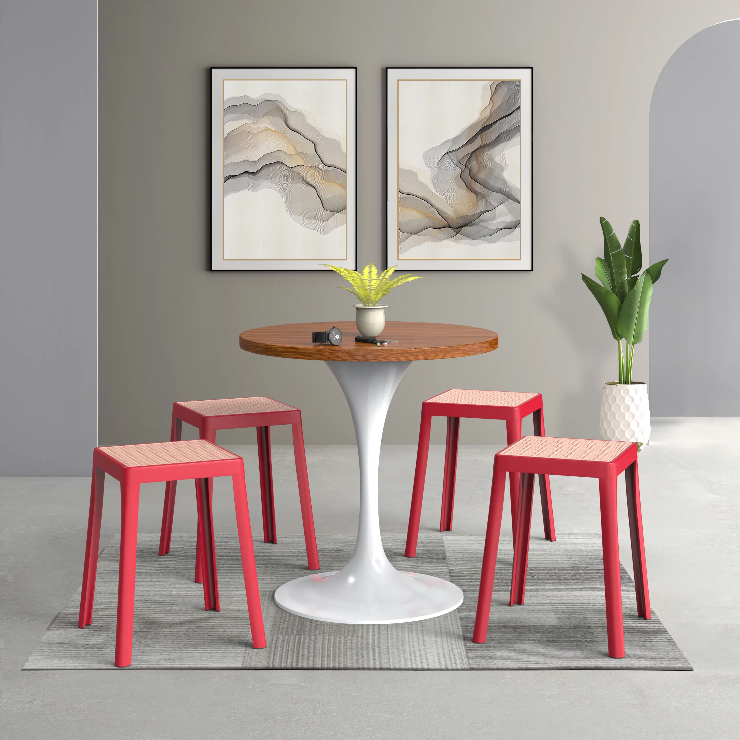 Tresse Series Stackable Poly Stool With Wicker Top 12 in Red