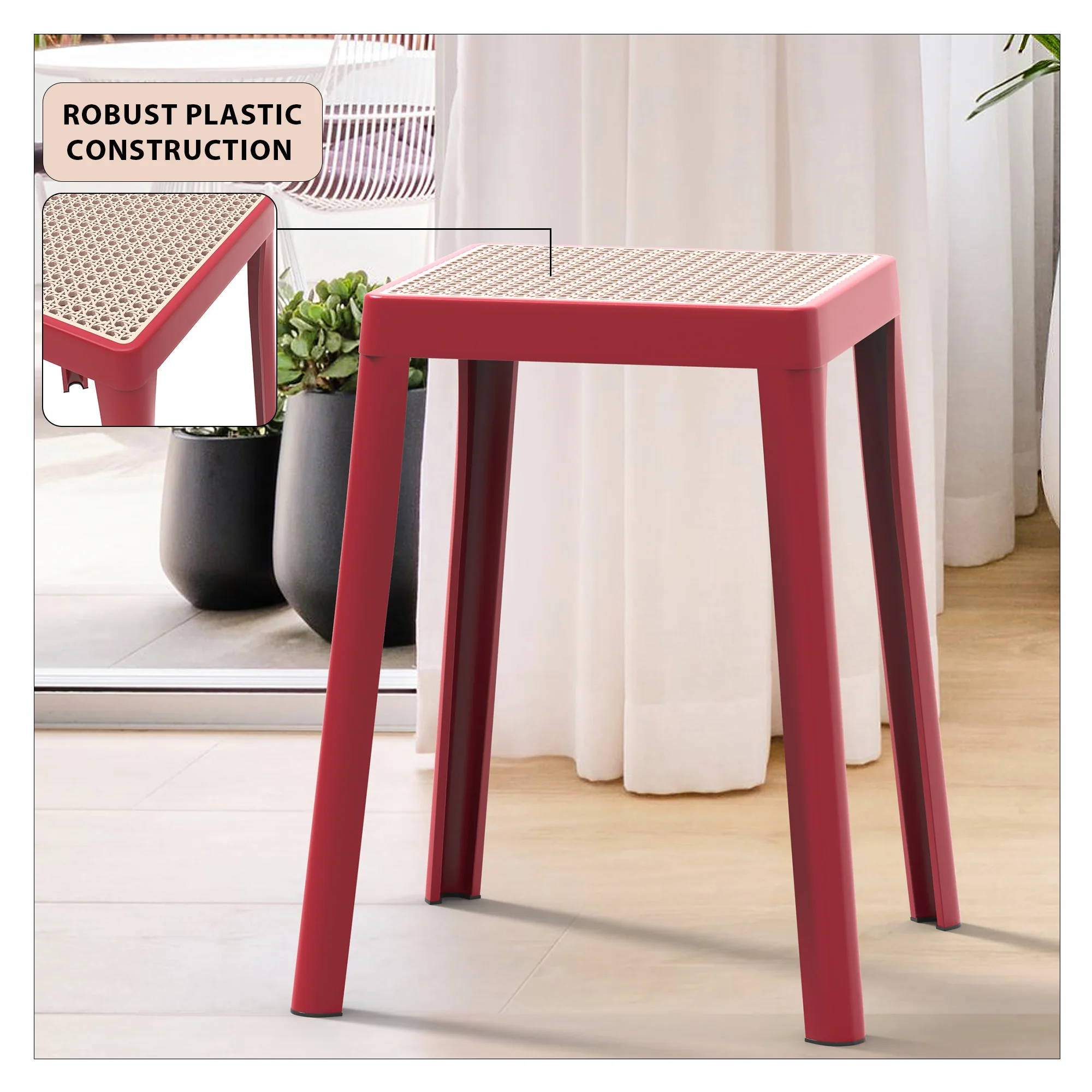 Tresse Series Stackable Poly Stool With Wicker Top 12 in Red