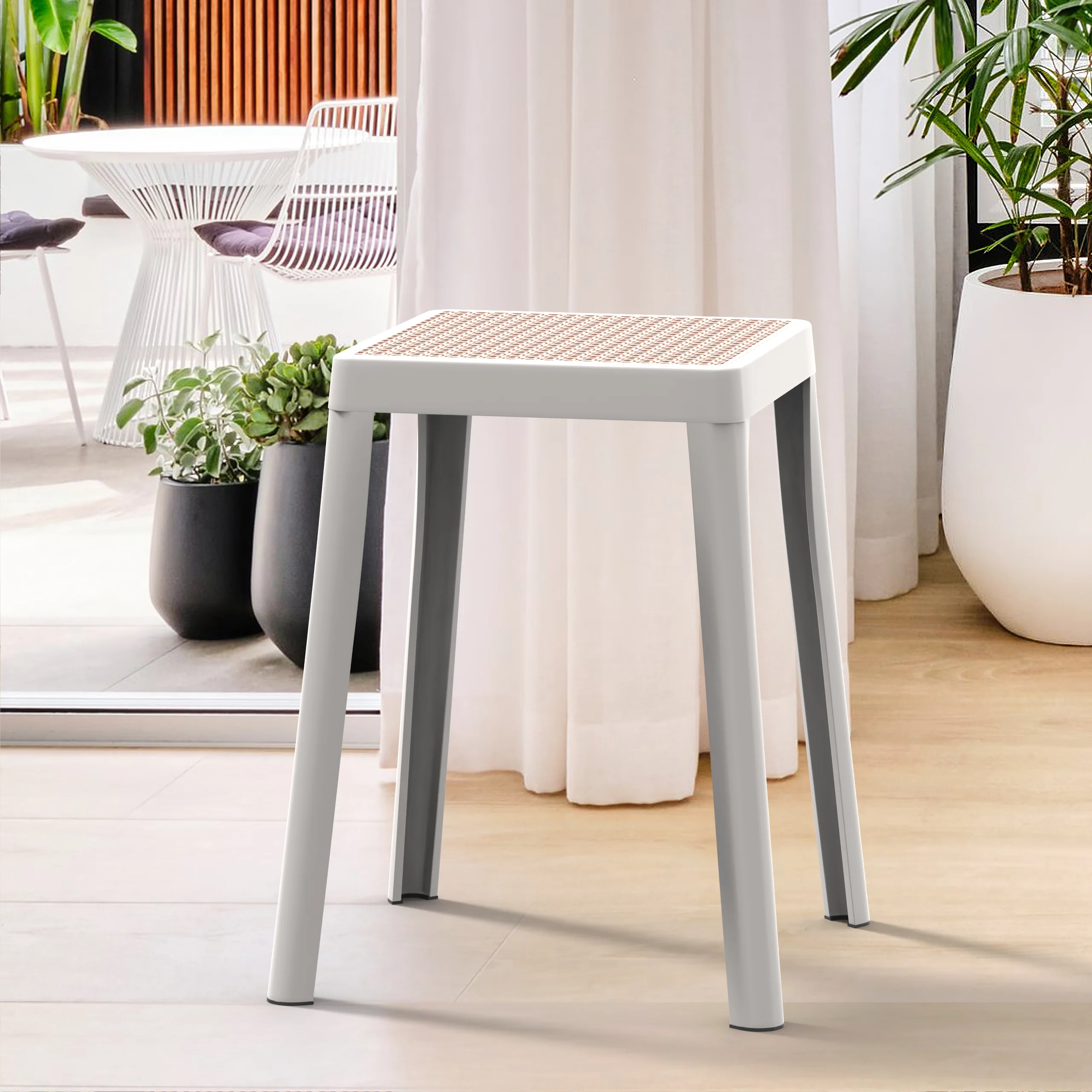 Tresse Series Stackable Poly Stool With Wicker Top 12 in White