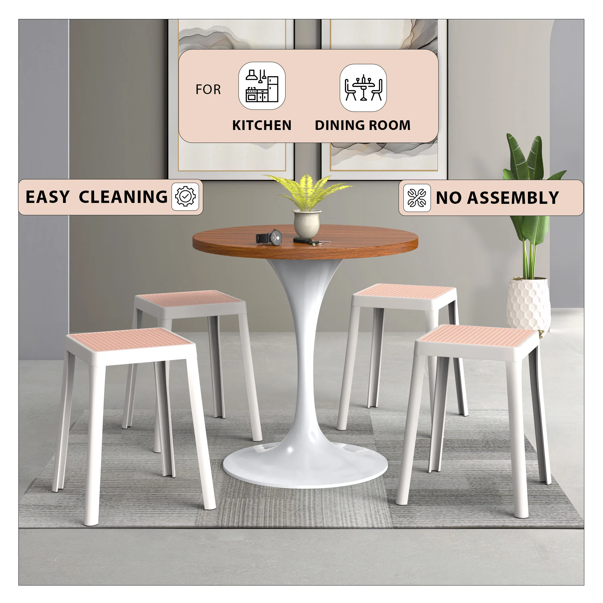 Tresse Series Stackable Poly Stool With Wicker Top 12 in White