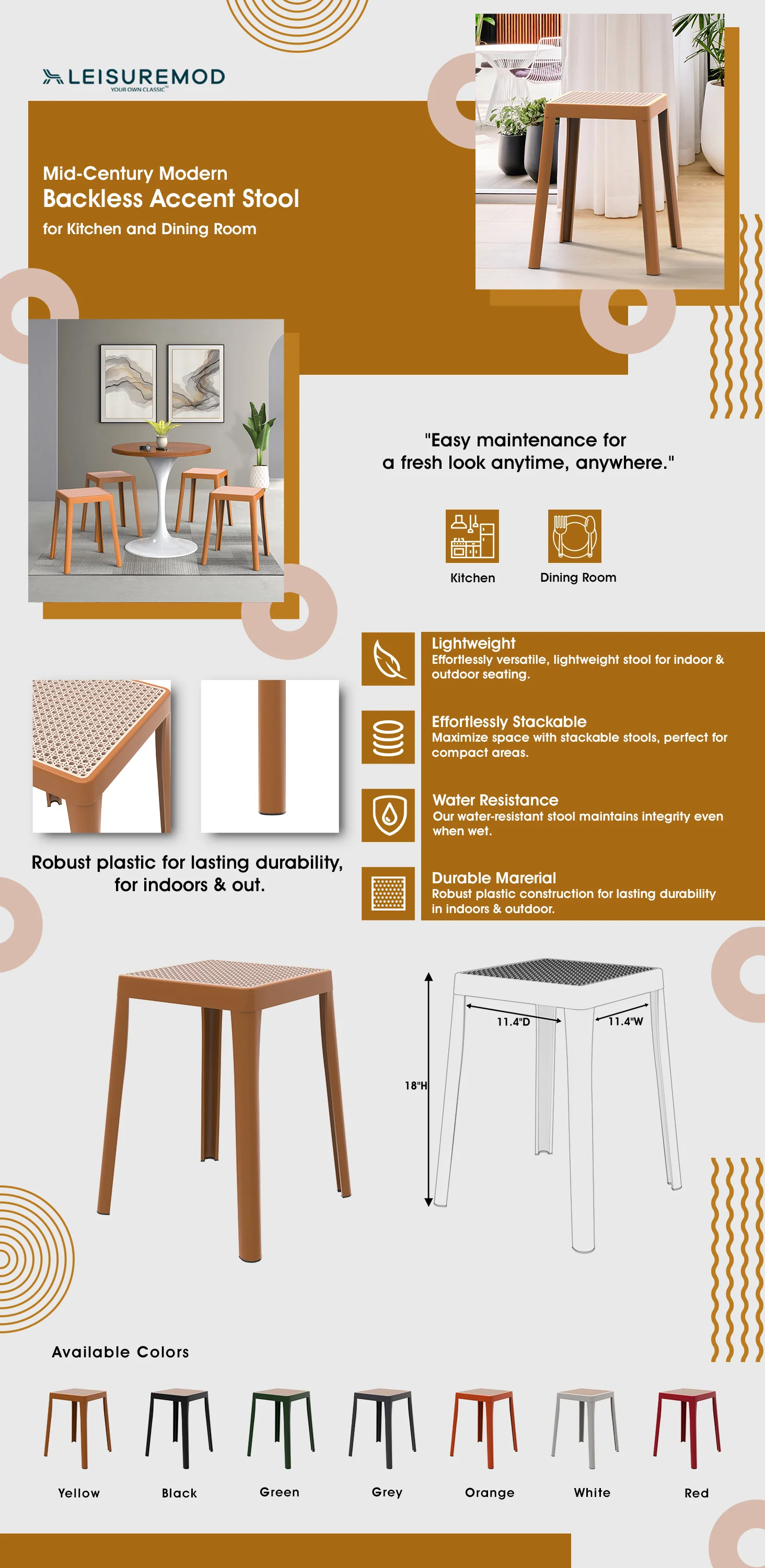 Tresse Series Stackable Poly Stool With Wicker Top 12 in Yellow