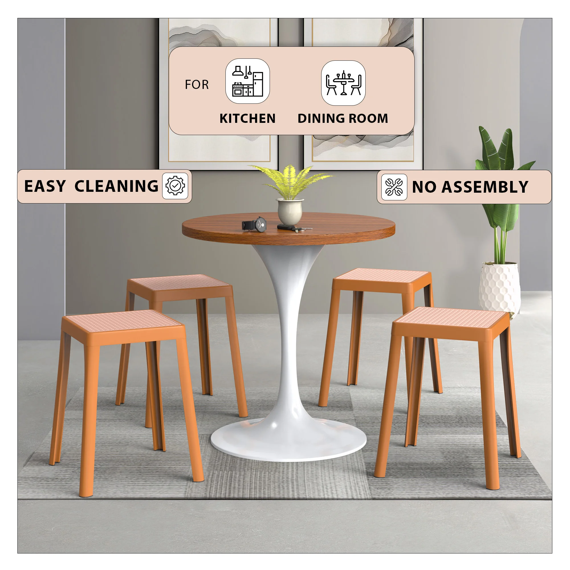 Tresse Series Stackable Poly Stool With Wicker Top 12 in Yellow