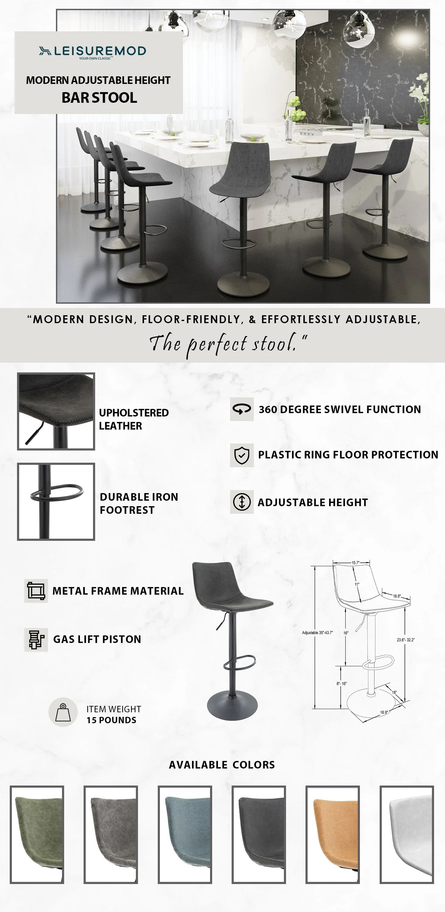 Tilbury Modern Adjustable Bar Stool With Footrest & 360-Degree Swivel in Charcoal Black