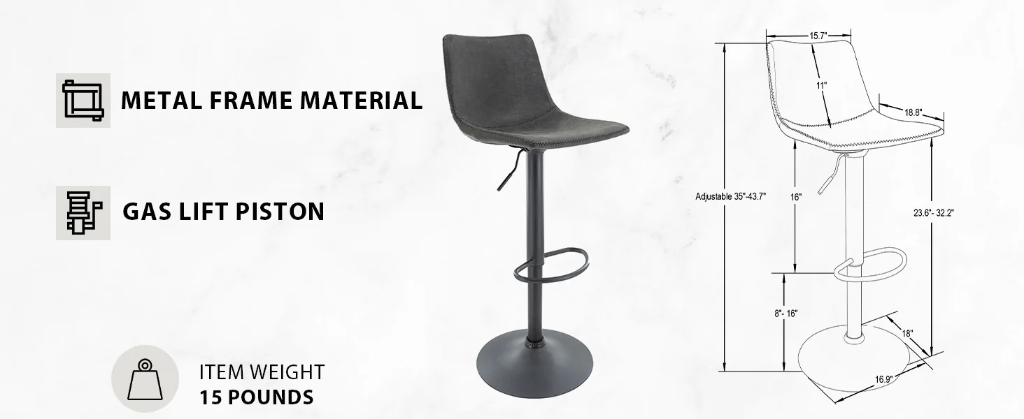 Tilbury Modern Adjustable Bar Stool With Footrest & 360-Degree Swivel in Charcoal Black