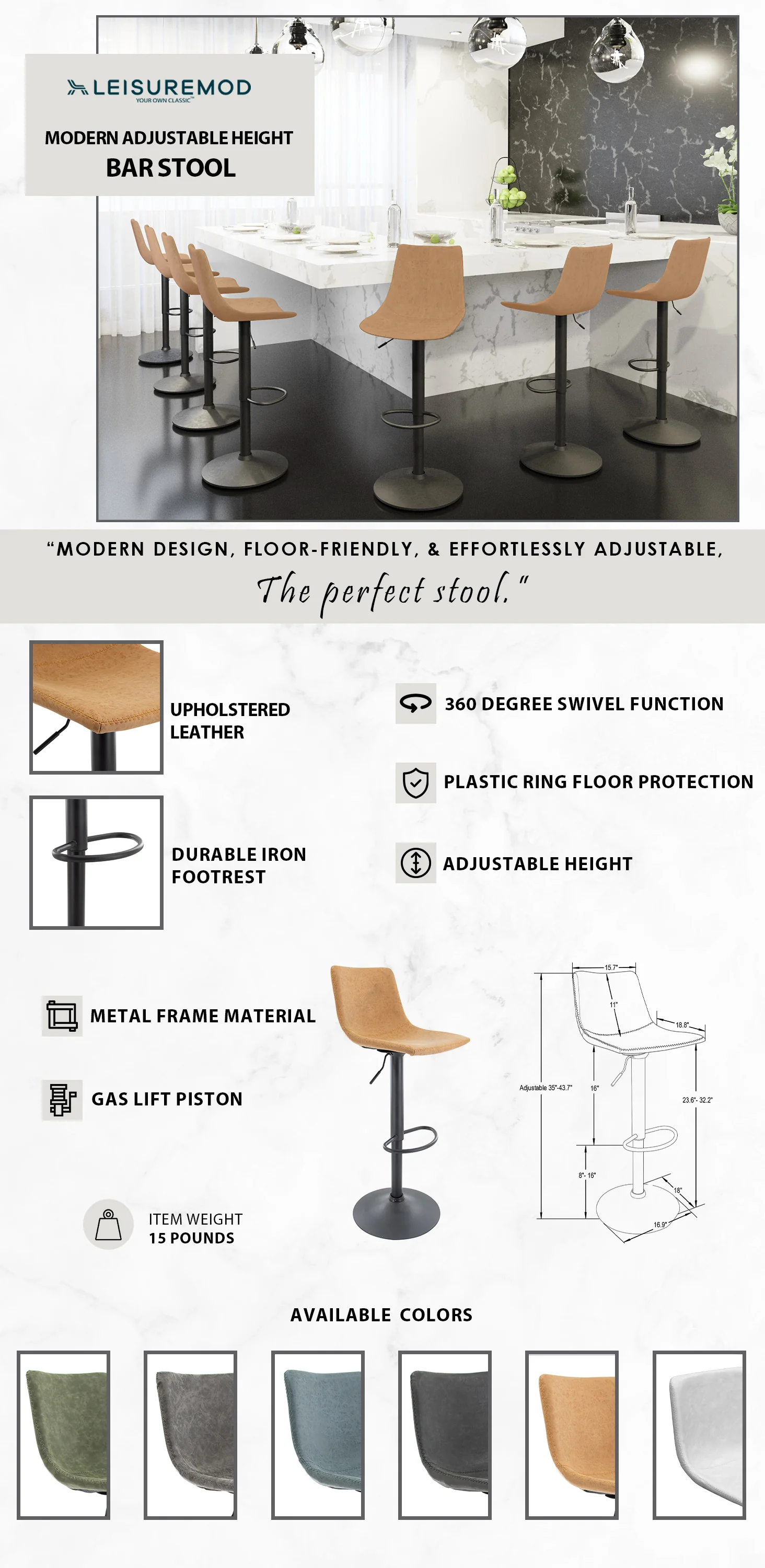 Tilbury Modern Adjustable Bar Stool With Footrest & 360-Degree Swivel in Light Brown