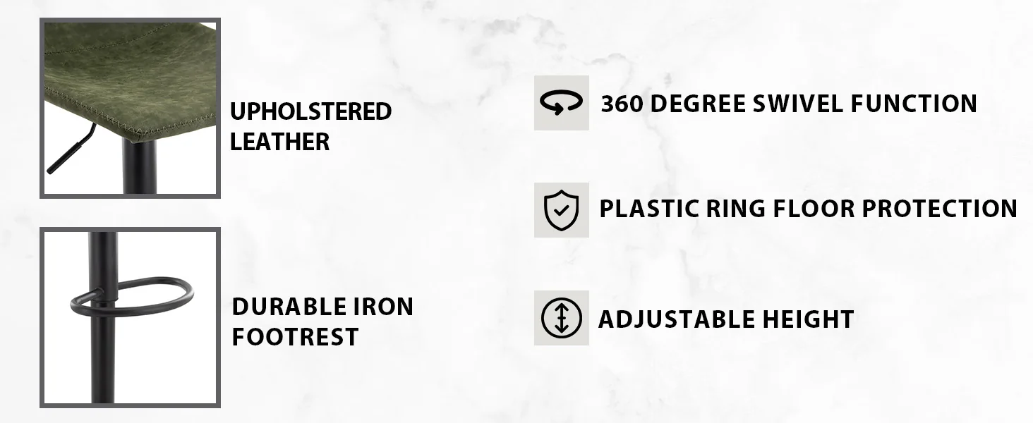 Tilbury Modern Adjustable Bar Stool With Footrest & 360-Degree Swivel in Olive Green