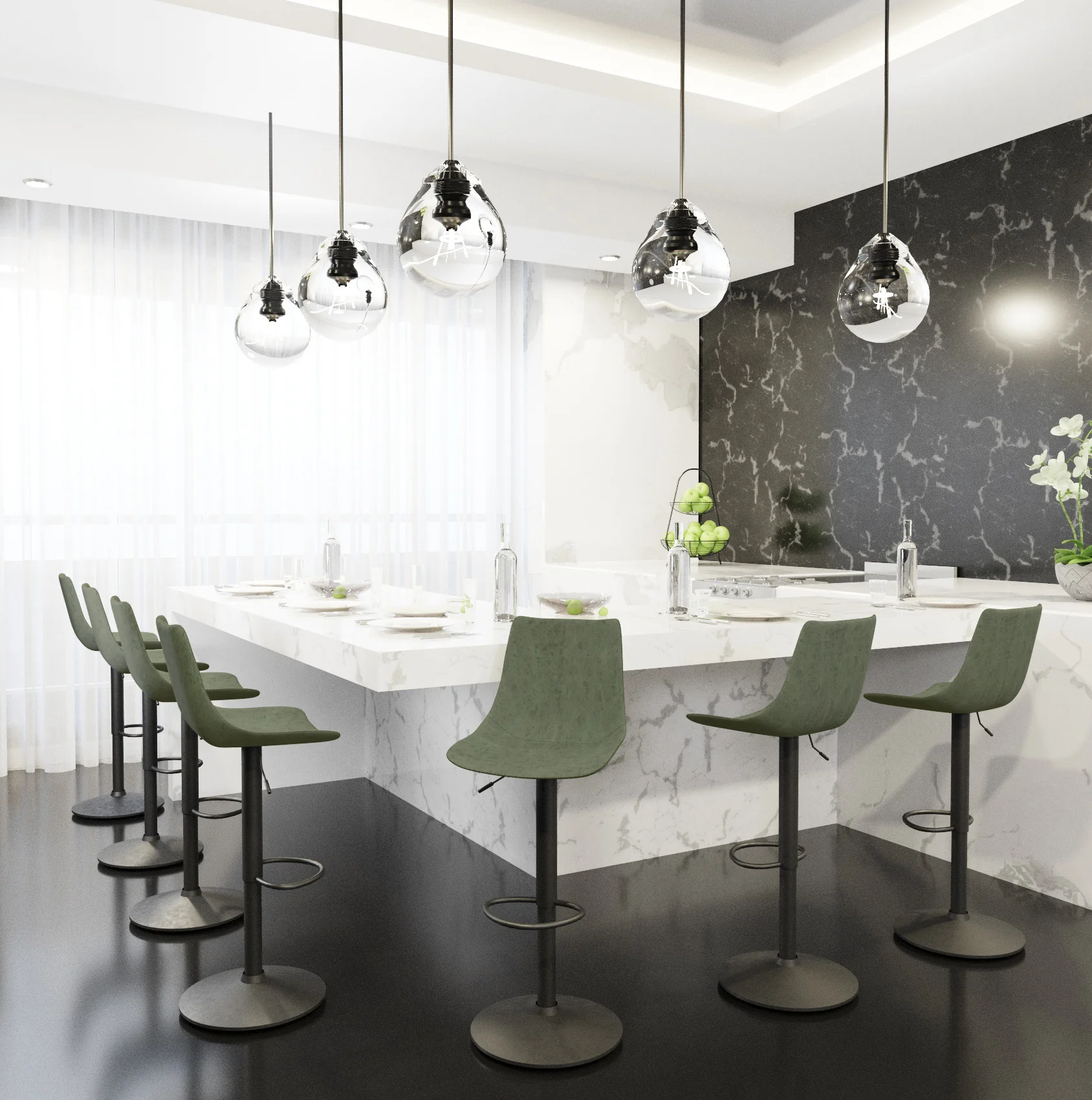 Tilbury Modern Adjustable Bar Stool With Footrest & 360-Degree Swivel Set of 2 in Olive Green