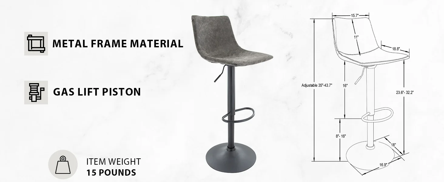 Tilbury Modern Adjustable Bar Stool With Footrest & 360-Degree Swivel in Grey