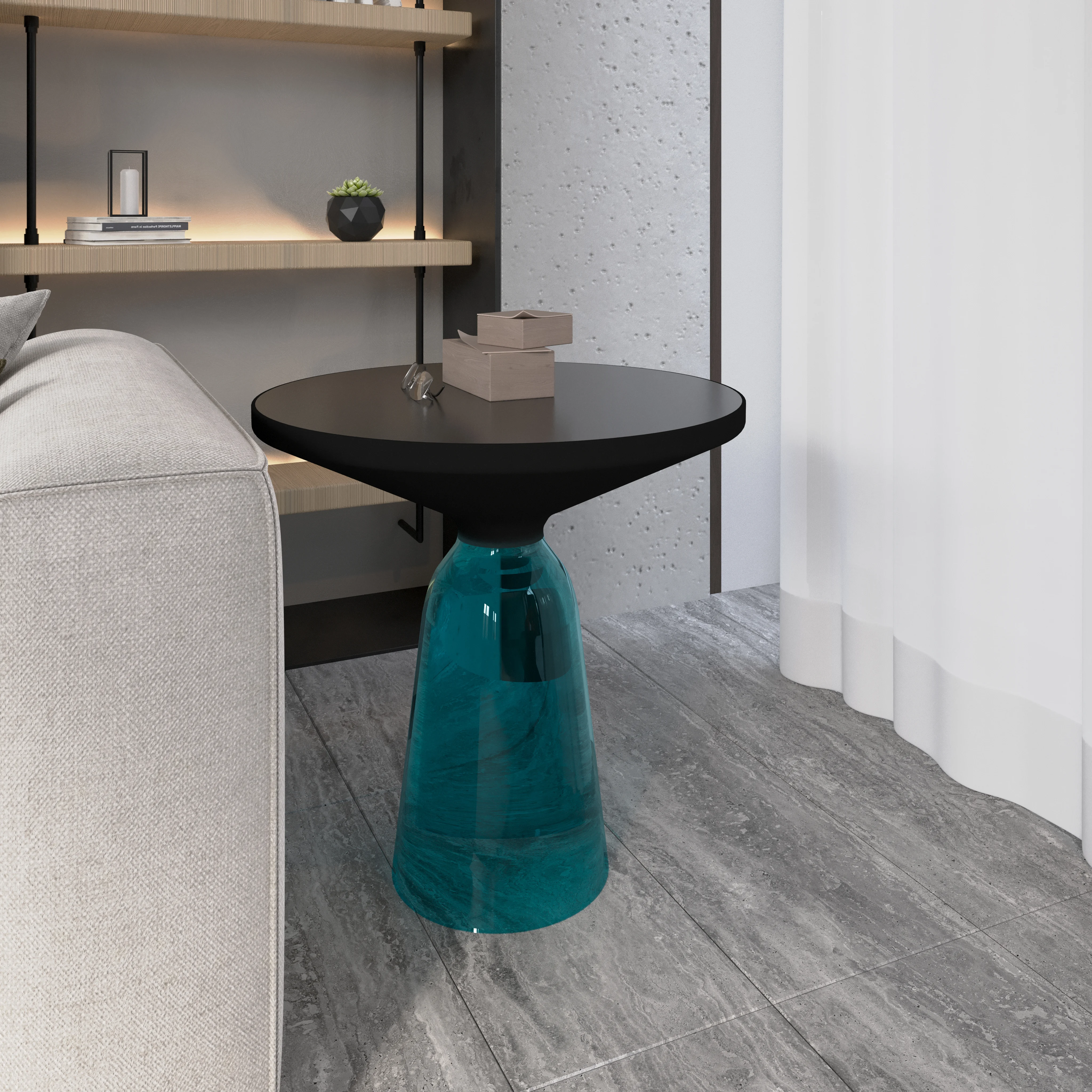 Tully Collection Glass side Table Blue glass, Black Rim with Black Glass top