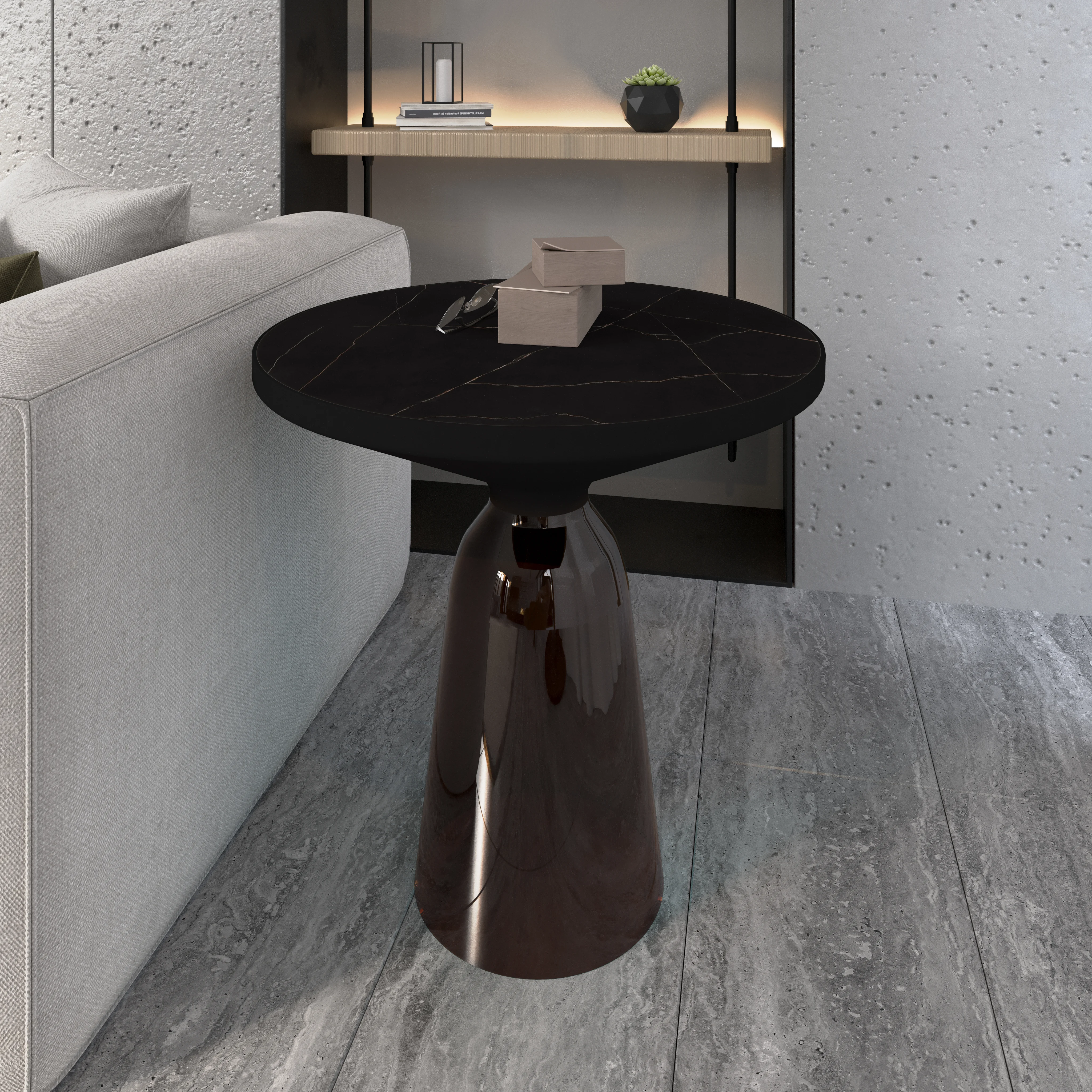 Tully Collection Glass side Table Grey glass, Black Rim with Black Sintered Stone Top