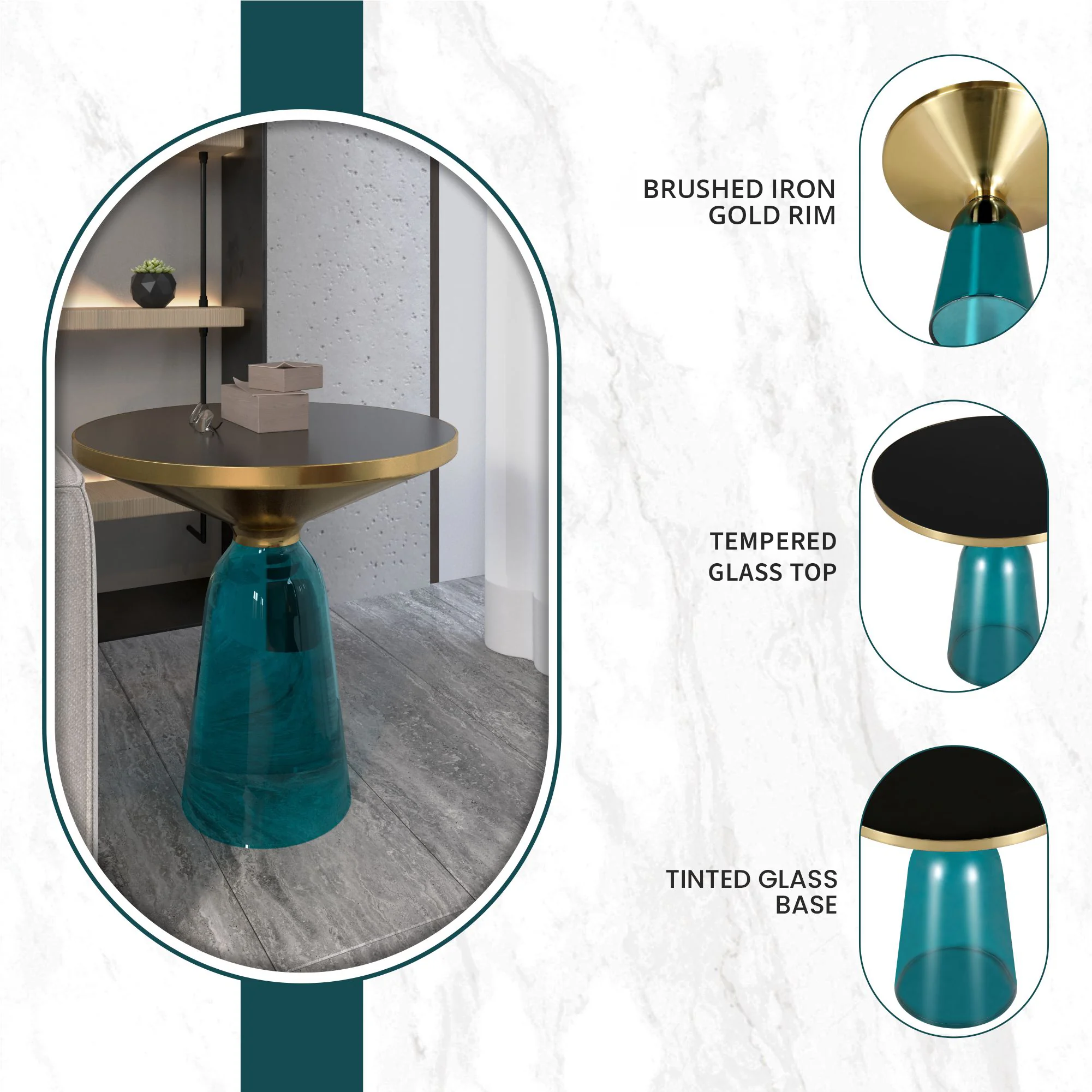 Tully Collection Glass side Table Blue glass, Gold Rim with Black Glass top