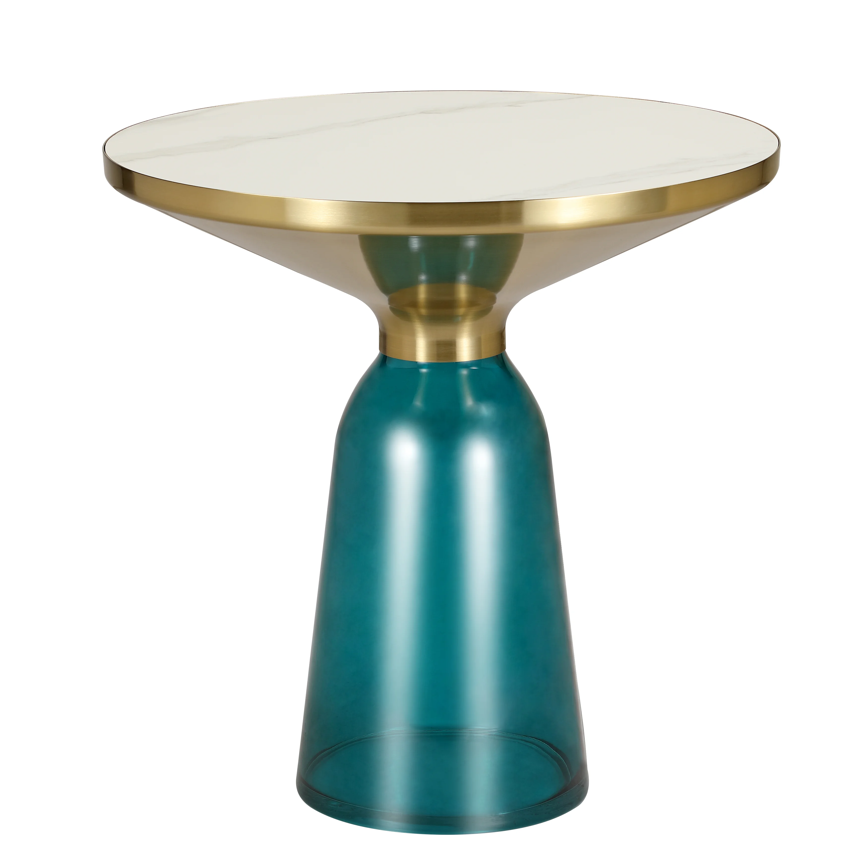 Tully Collection Glass side Table Blue glass, Gold Rim with white sintered stone top