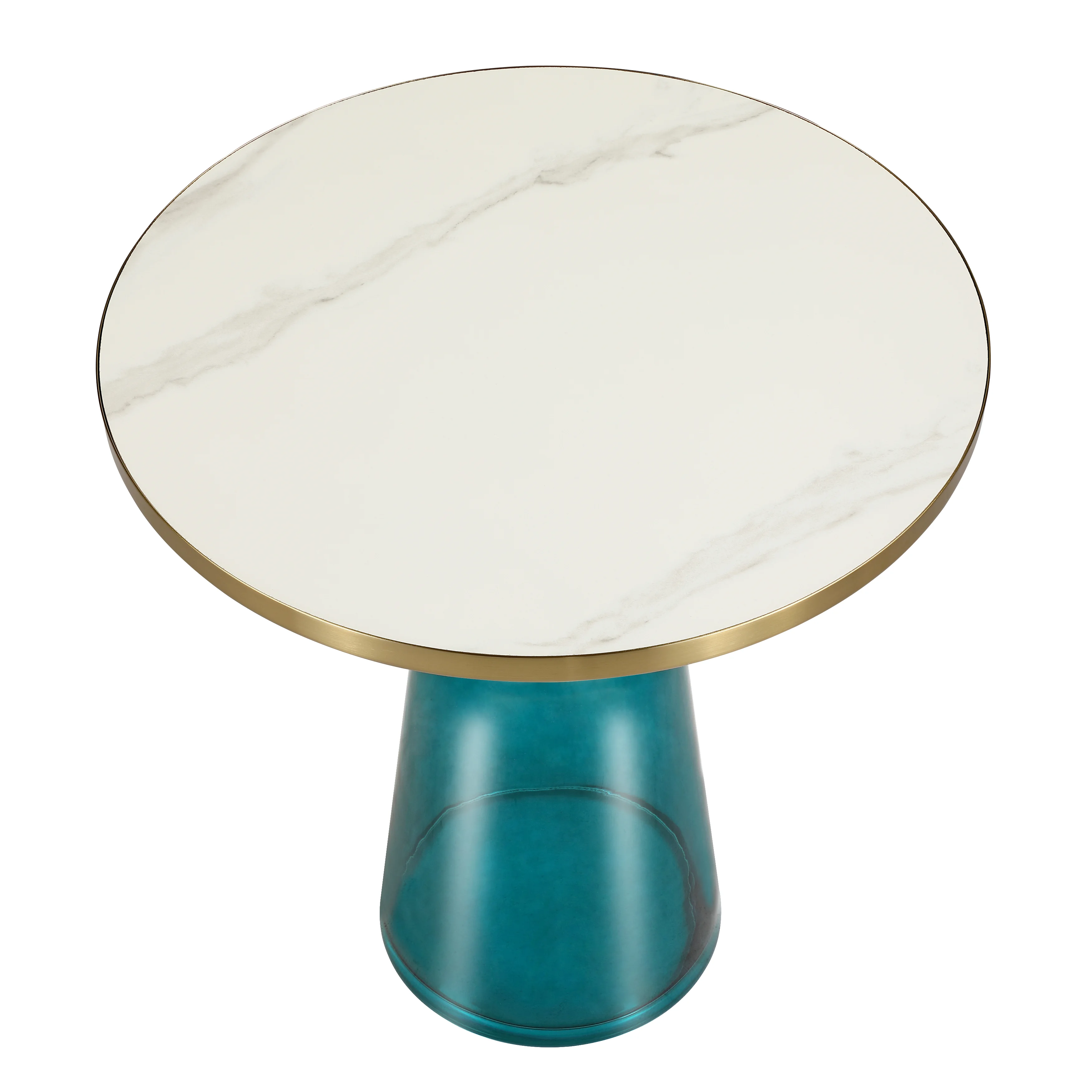Tully Collection Glass side Table Blue glass, Gold Rim with white sintered stone top