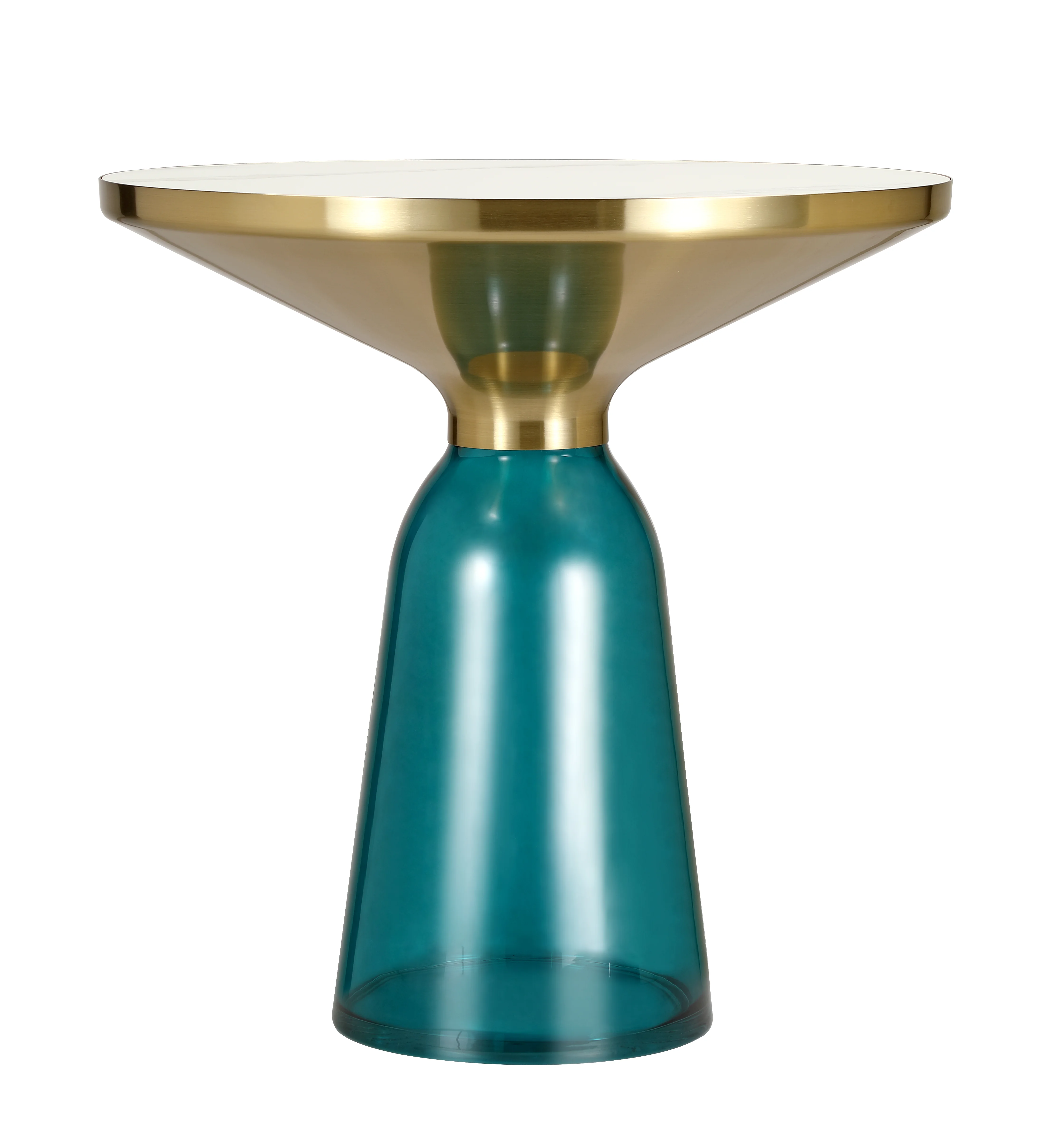 Tully Collection Glass side Table Blue glass, Gold Rim with white sintered stone top