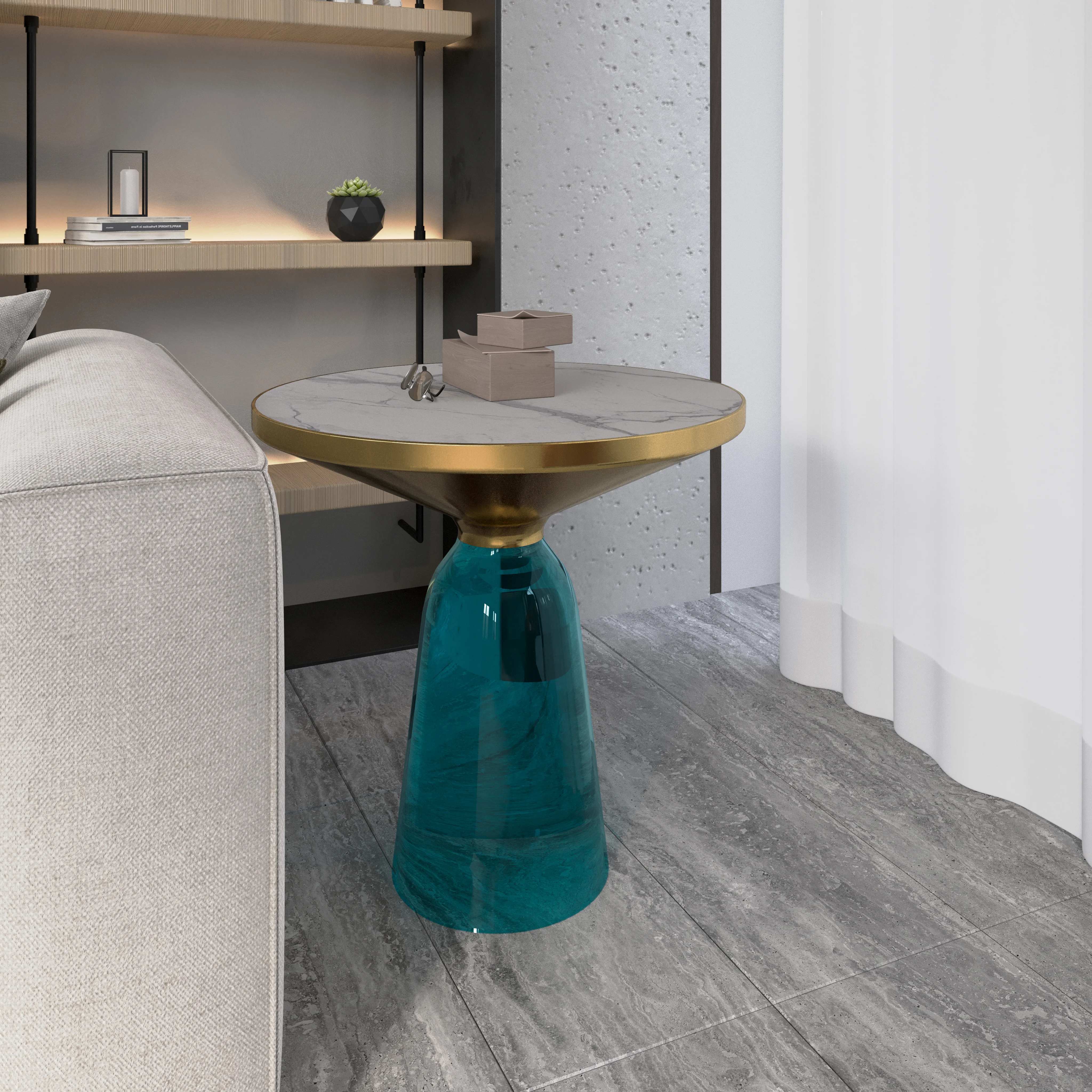 Tully Collection Glass side Table Blue glass, Gold Rim with white sintered stone top