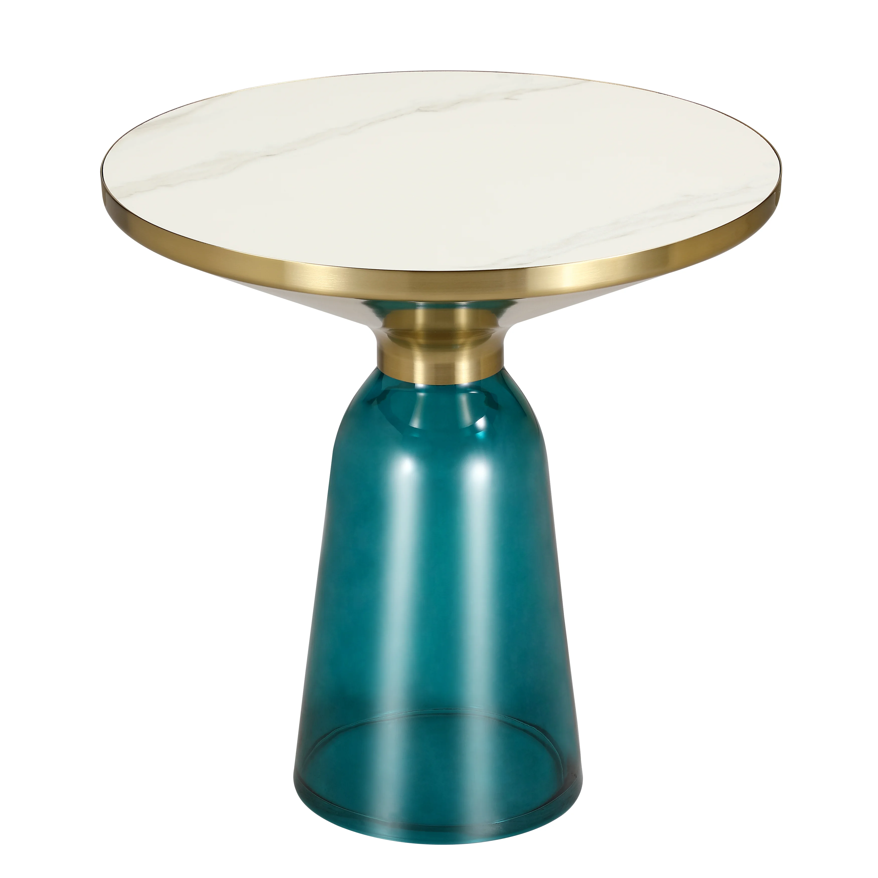 Tully Collection Glass side Table Blue glass, Gold Rim with white sintered stone top