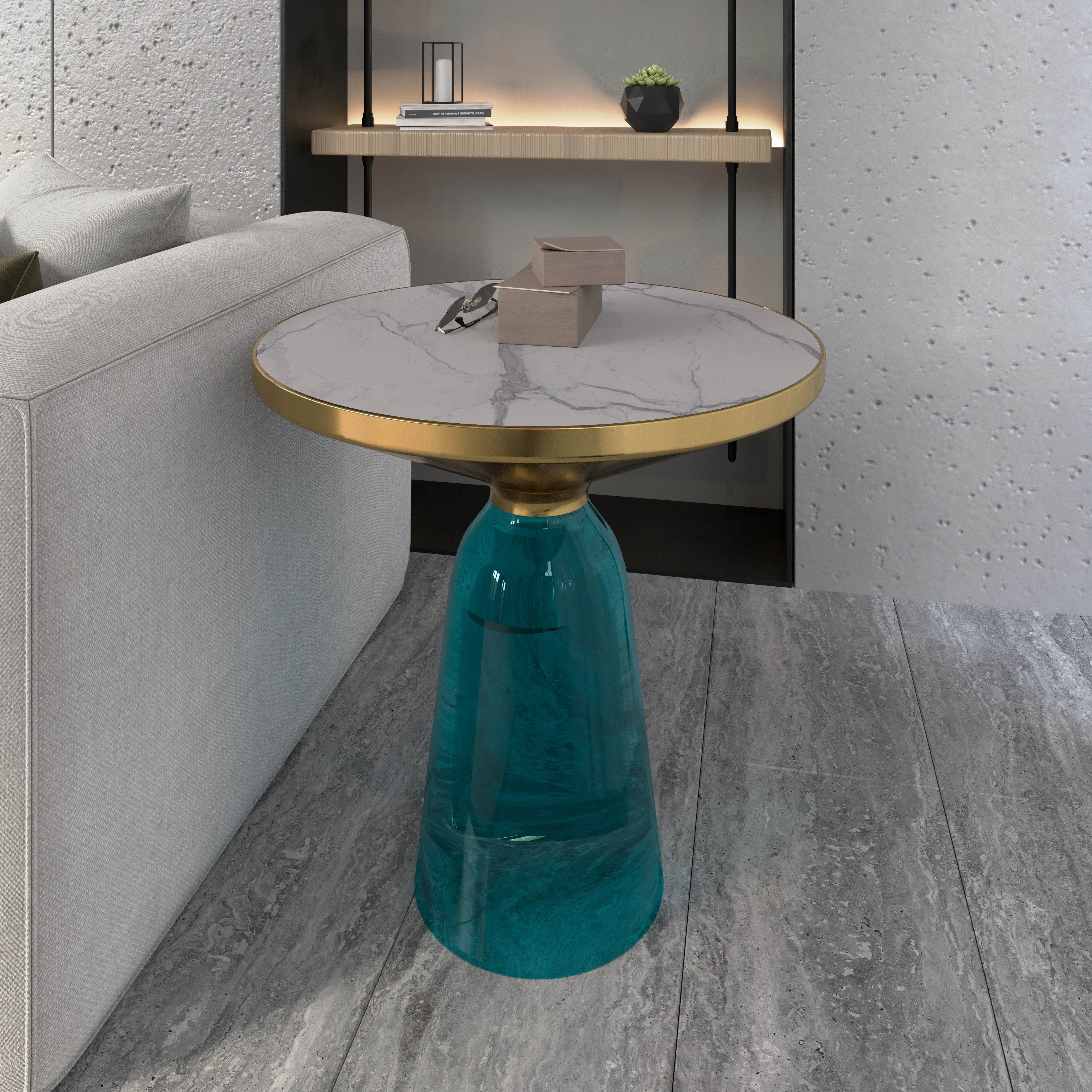 Tully Collection Glass side Table Blue glass, Gold Rim with white sintered stone top