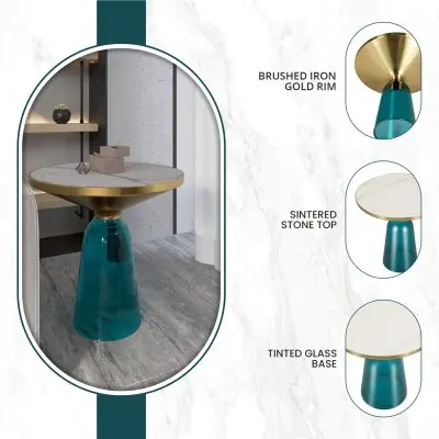 Tully Collection Glass side Table Blue glass, Gold Rim with white sintered stone top