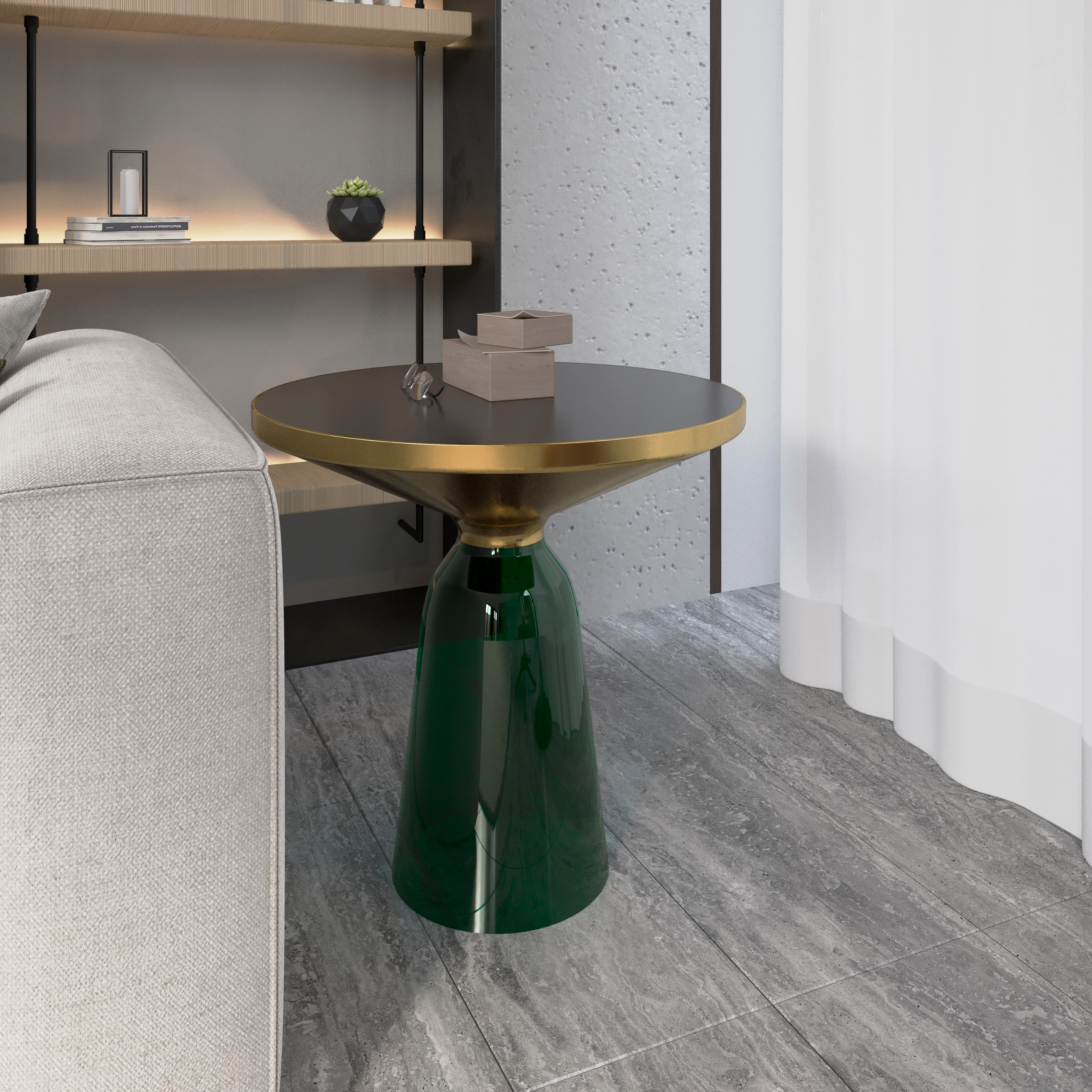 Tully Collection Glass side Table Green glass, Gold Rim with Black Glass top