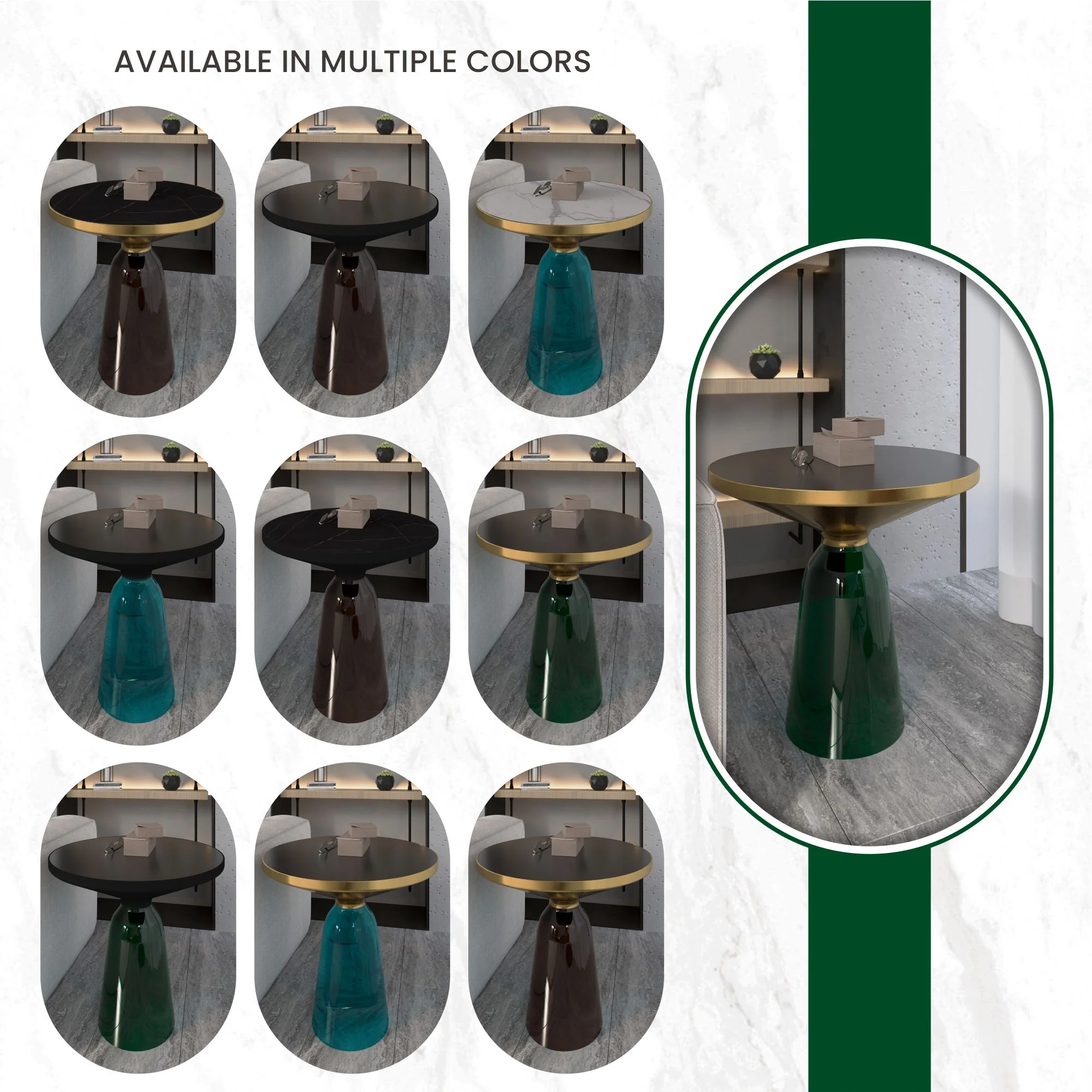 Tully Collection Glass side Table Green glass, Gold Rim with Black Glass top