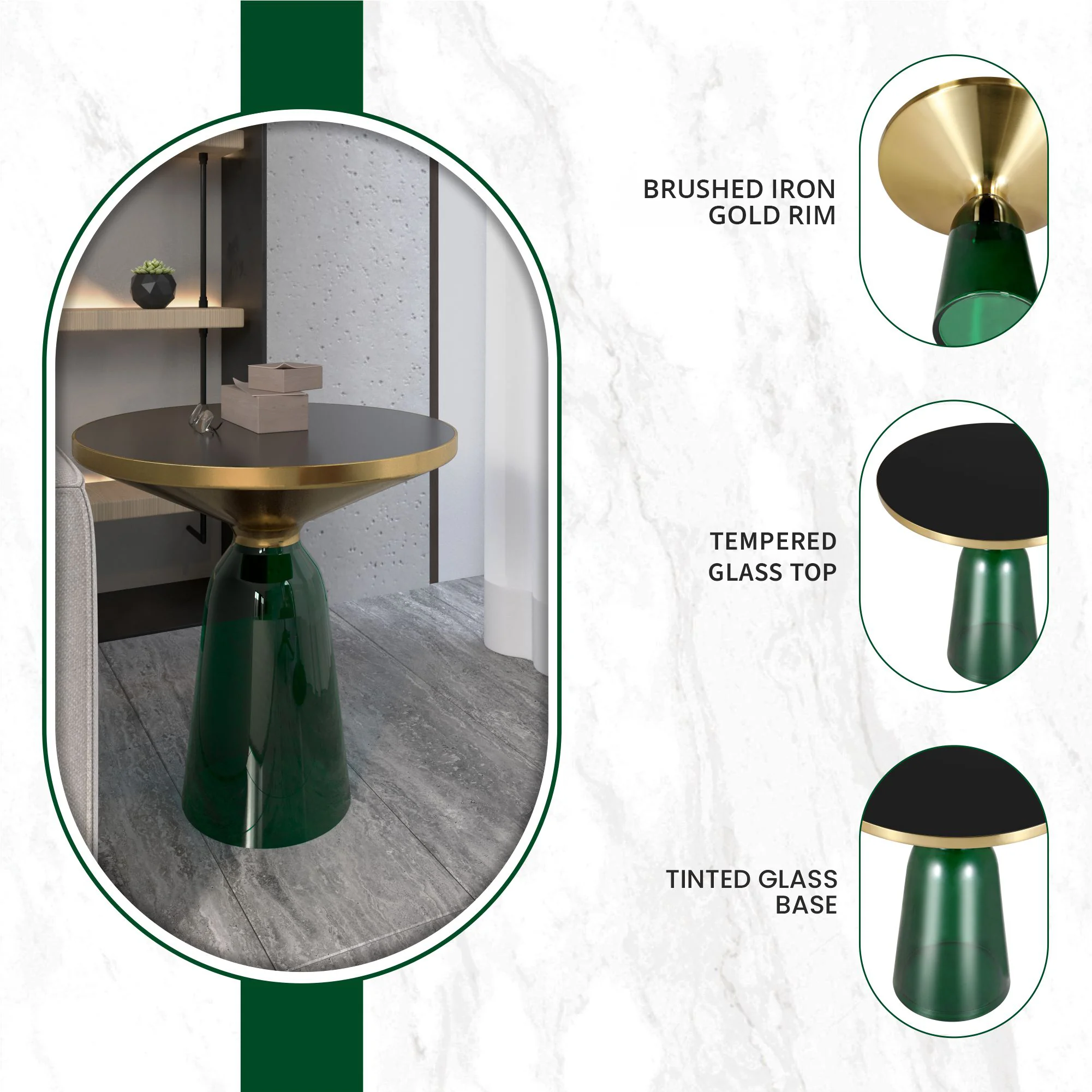 Tully Collection Glass side Table Green glass, Gold Rim with Black Glass top
