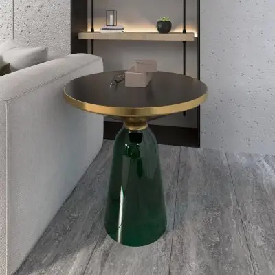 Tully Collection Glass side Table Green glass, Gold Rim with Black Glass top