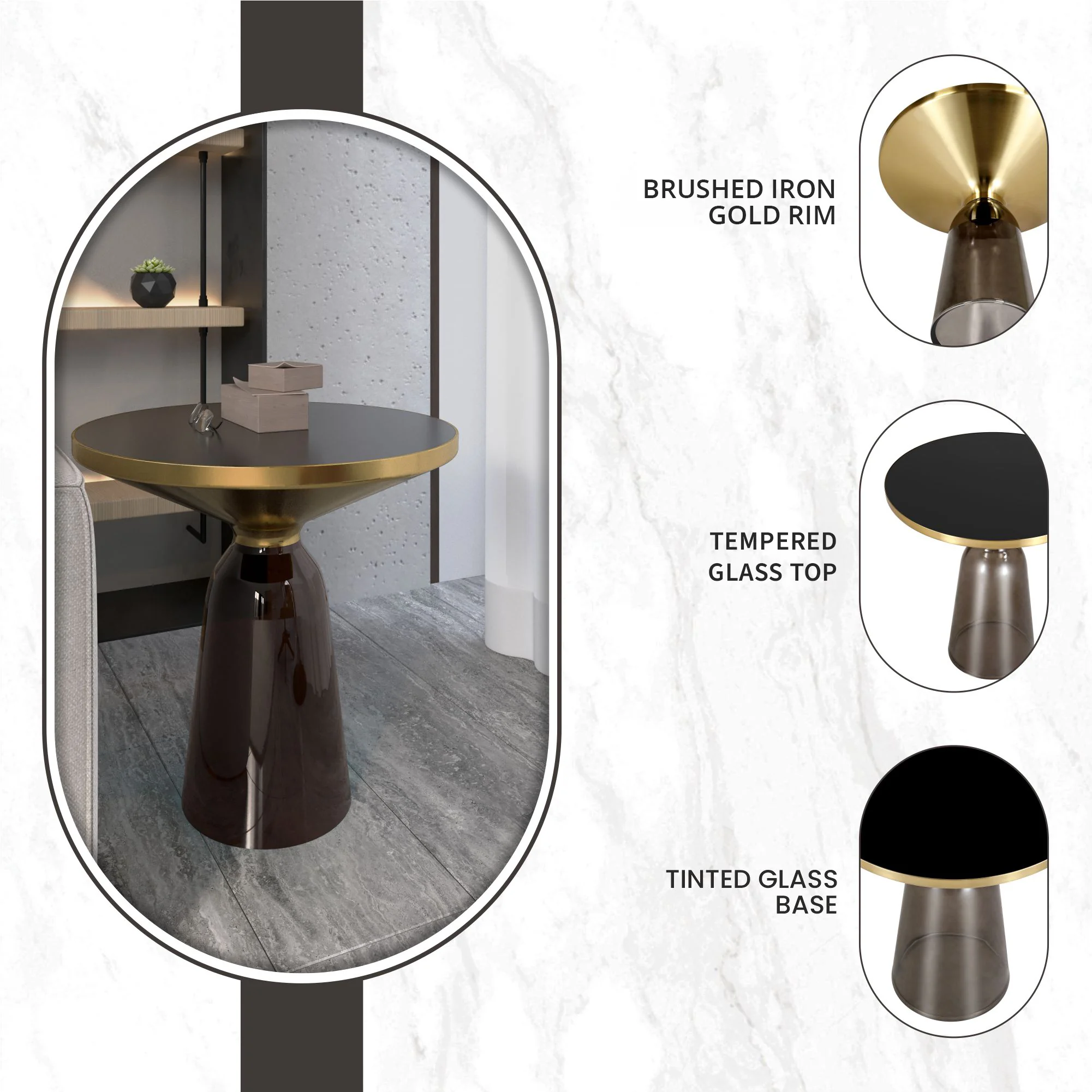 Tully Collection Glass side Table Grey glass, Gold Rim with Black Glass top