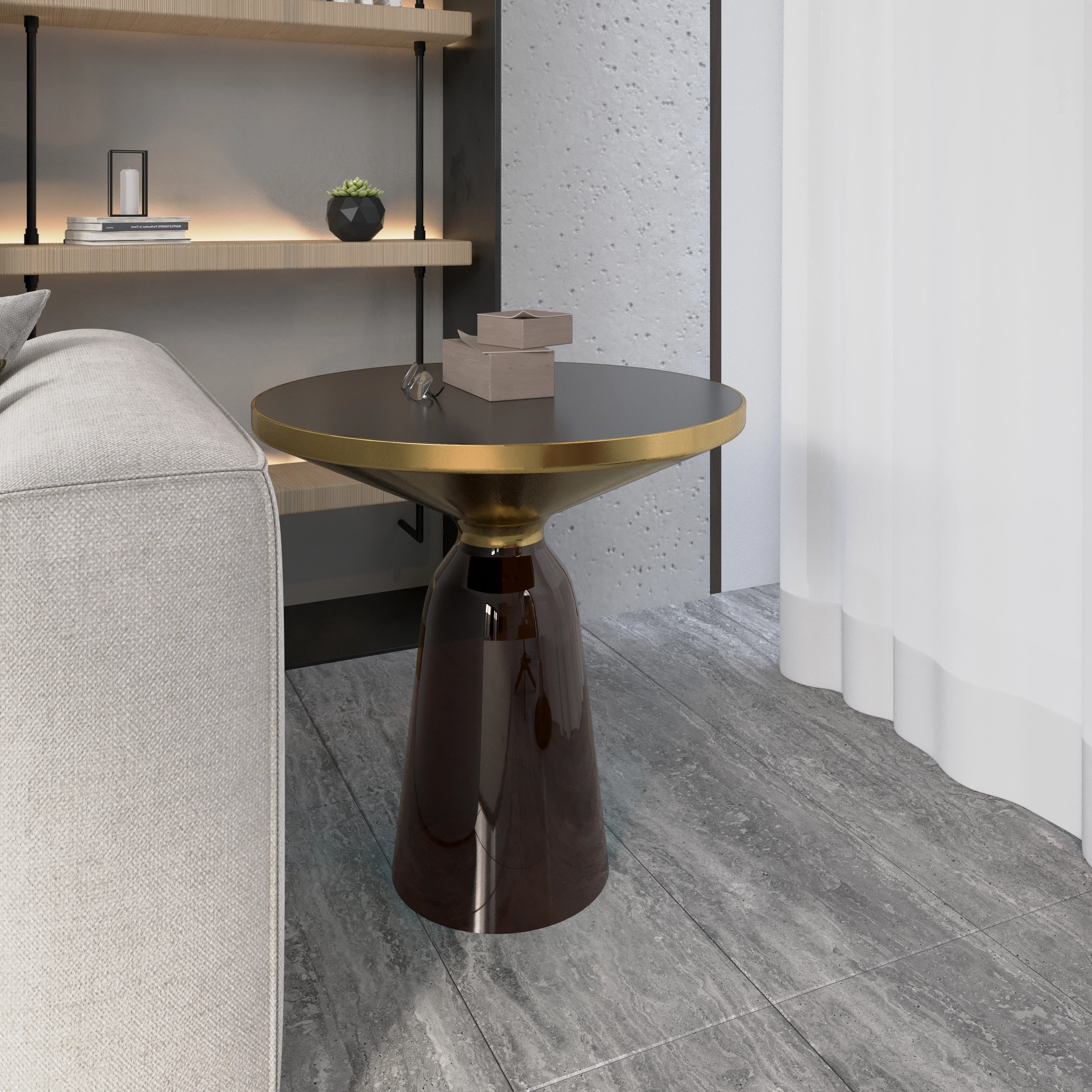 Tully Collection Glass side Table Grey glass, Gold Rim with Black Glass top