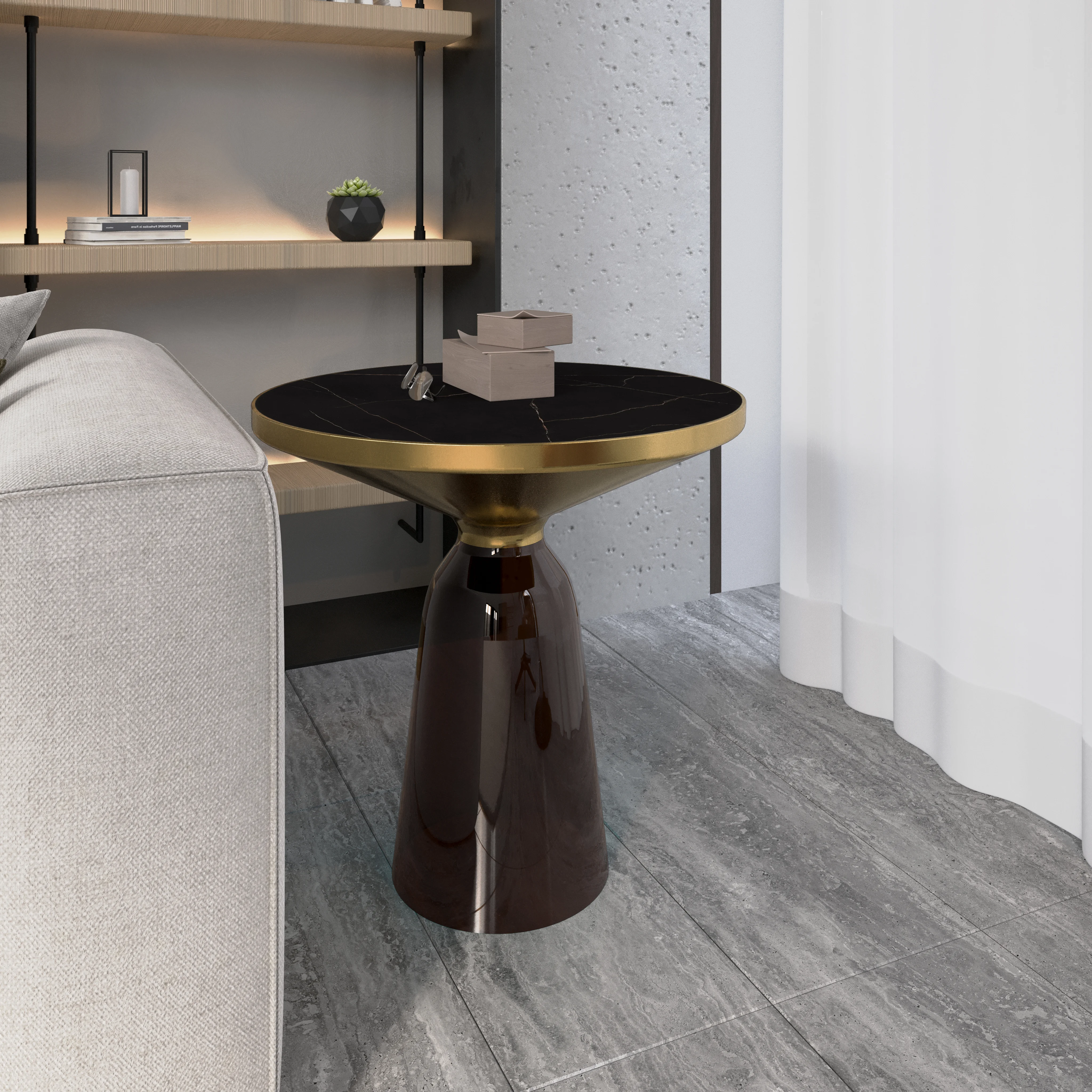 Tully Collection Glass side Table Grey glass, Gold Rim with Black Sintered Stone Top