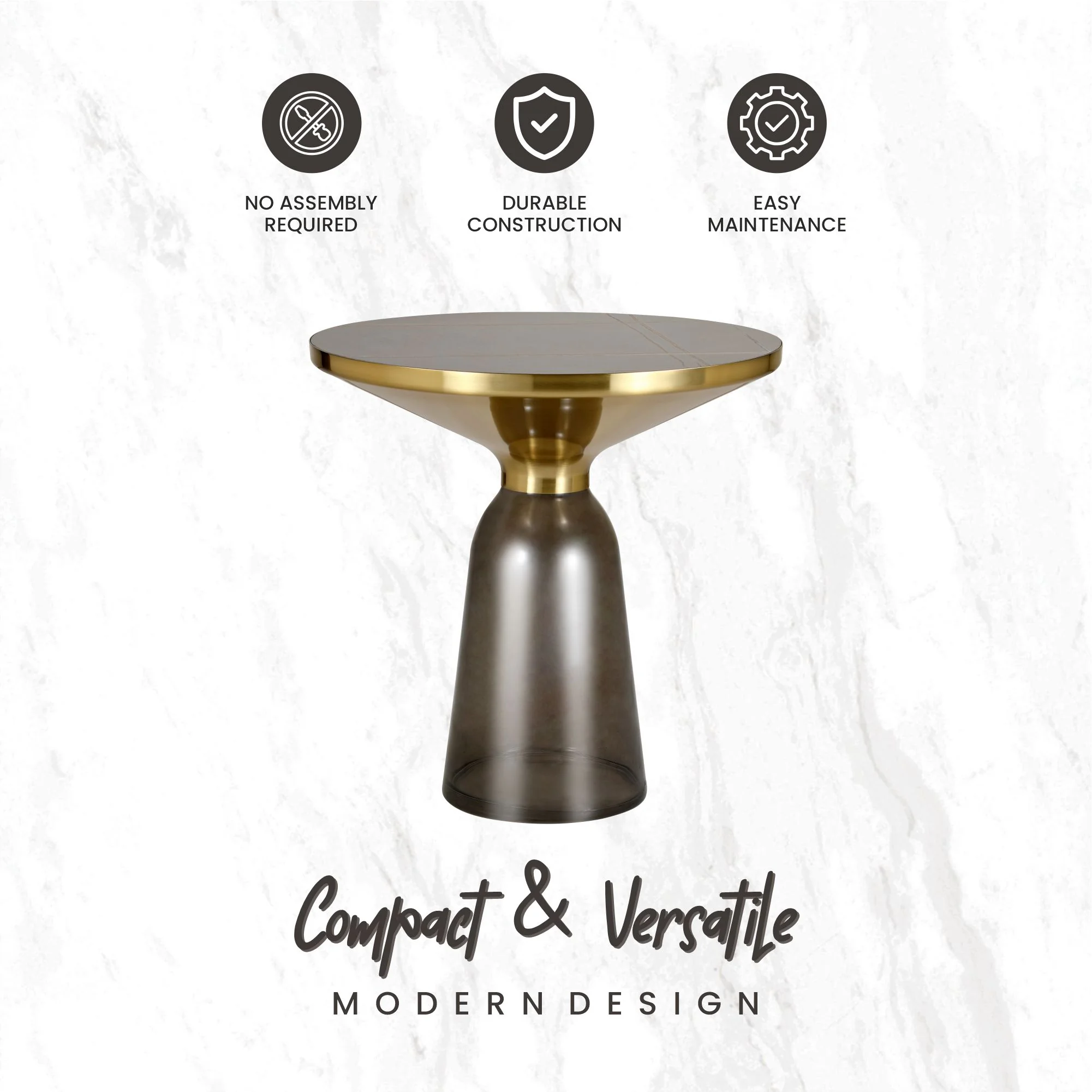 Tully Collection Glass side Table Grey glass, Gold Rim with Black Sintered Stone Top