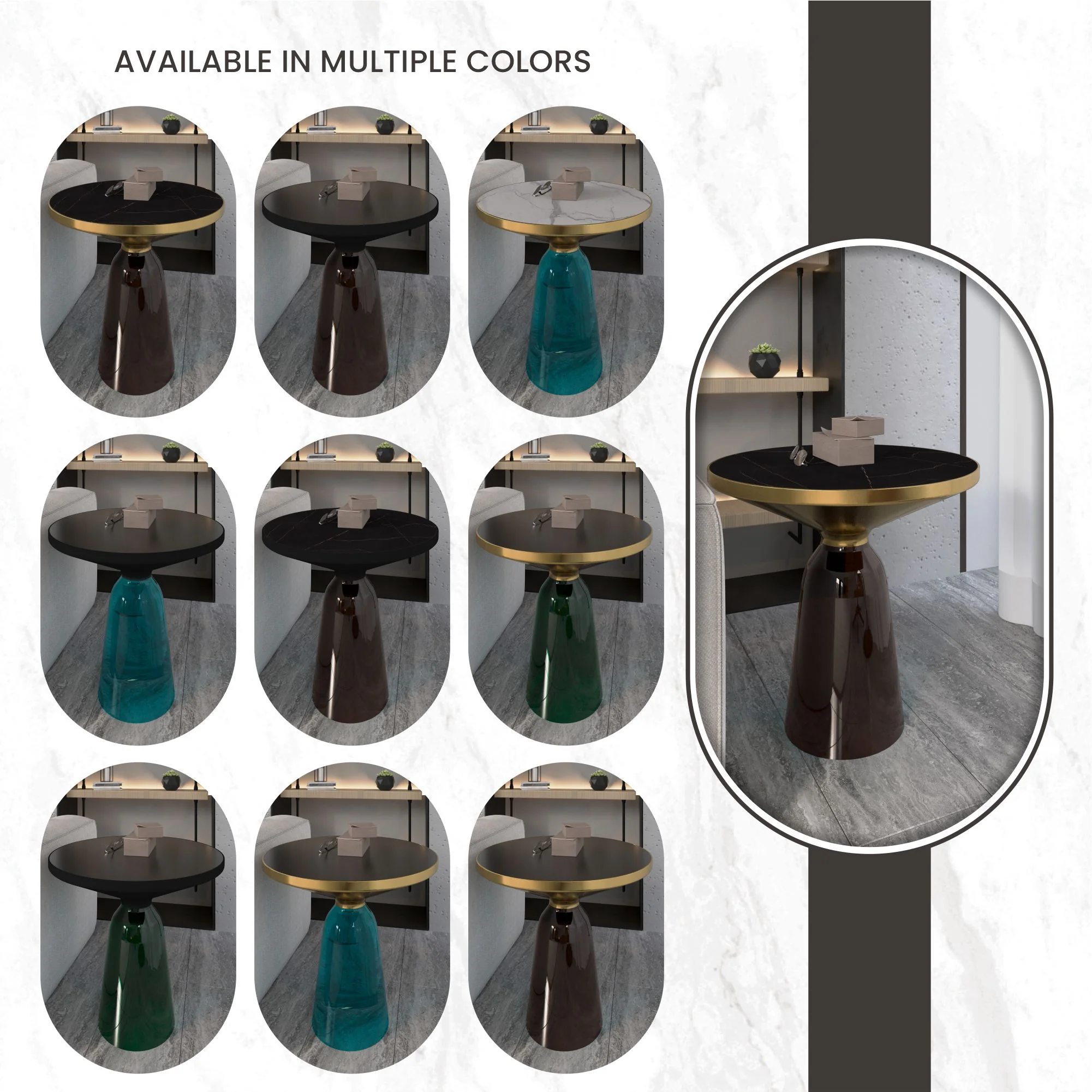 Tully Collection Glass side Table Grey glass, Gold Rim with Black Sintered Stone Top