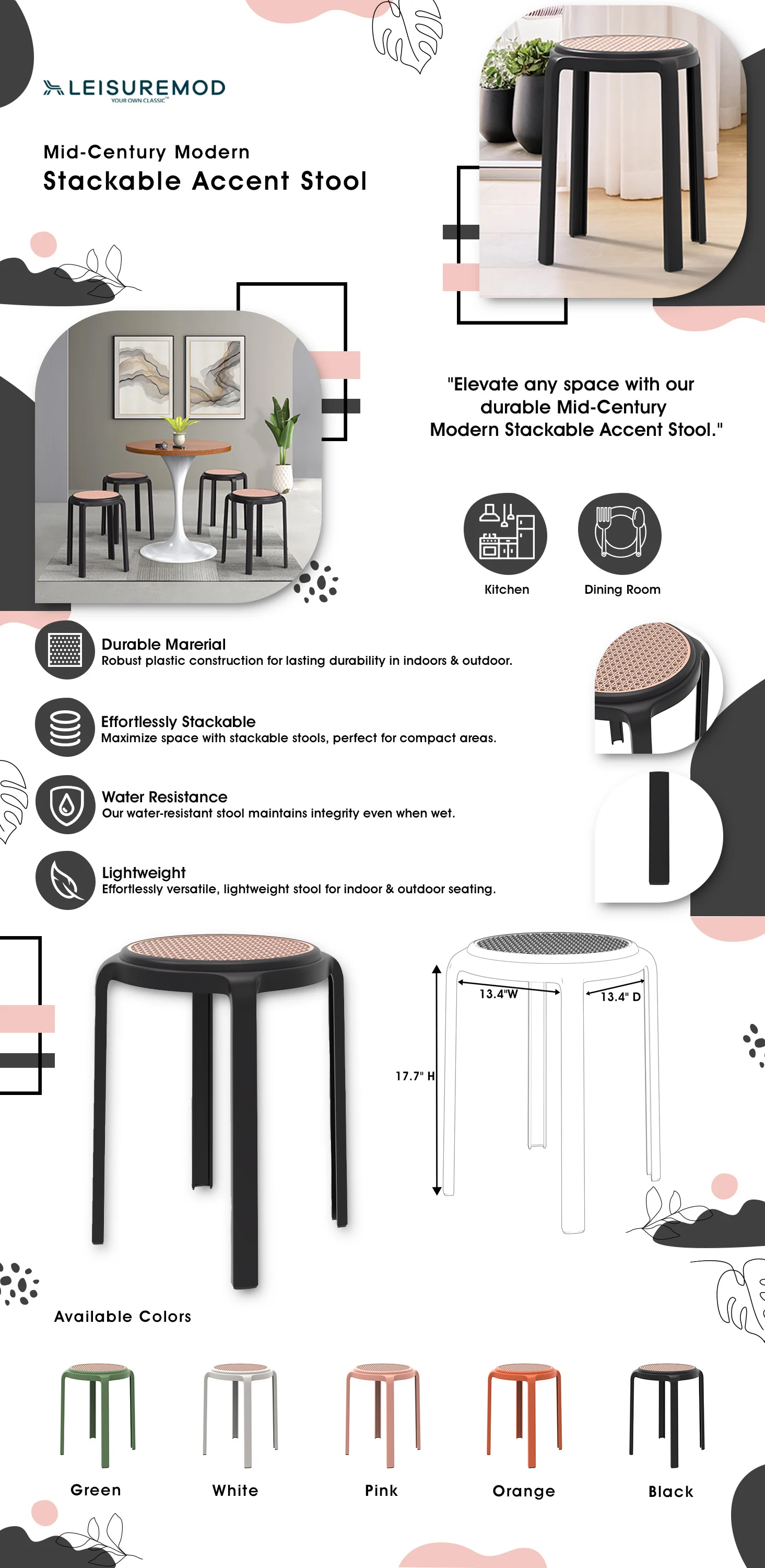 Tresse Series Stackable Round Poly Stool With Wicker Top 13 in Black