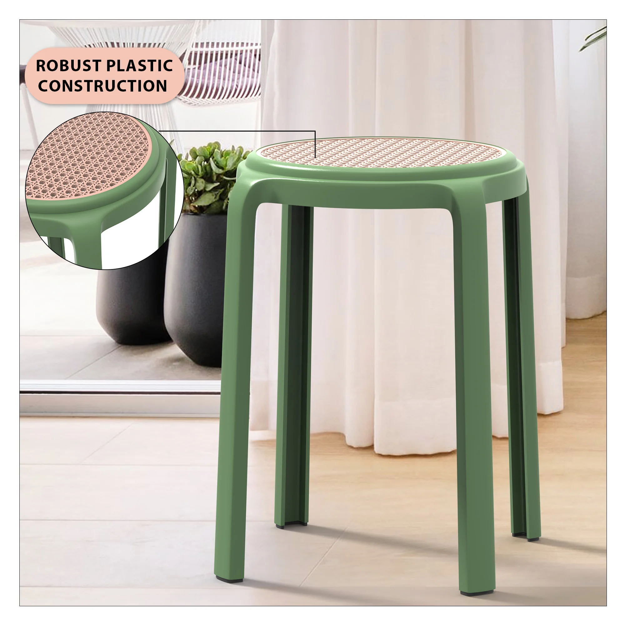Tresse Series Stackable Round Poly Stool With Wicker Top 13 in Green