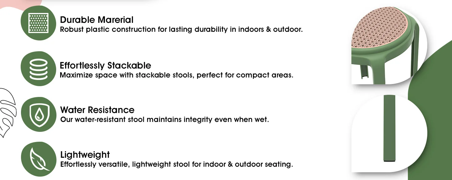 Tresse Series Stackable Round Poly Stool With Wicker Top 13 in Green