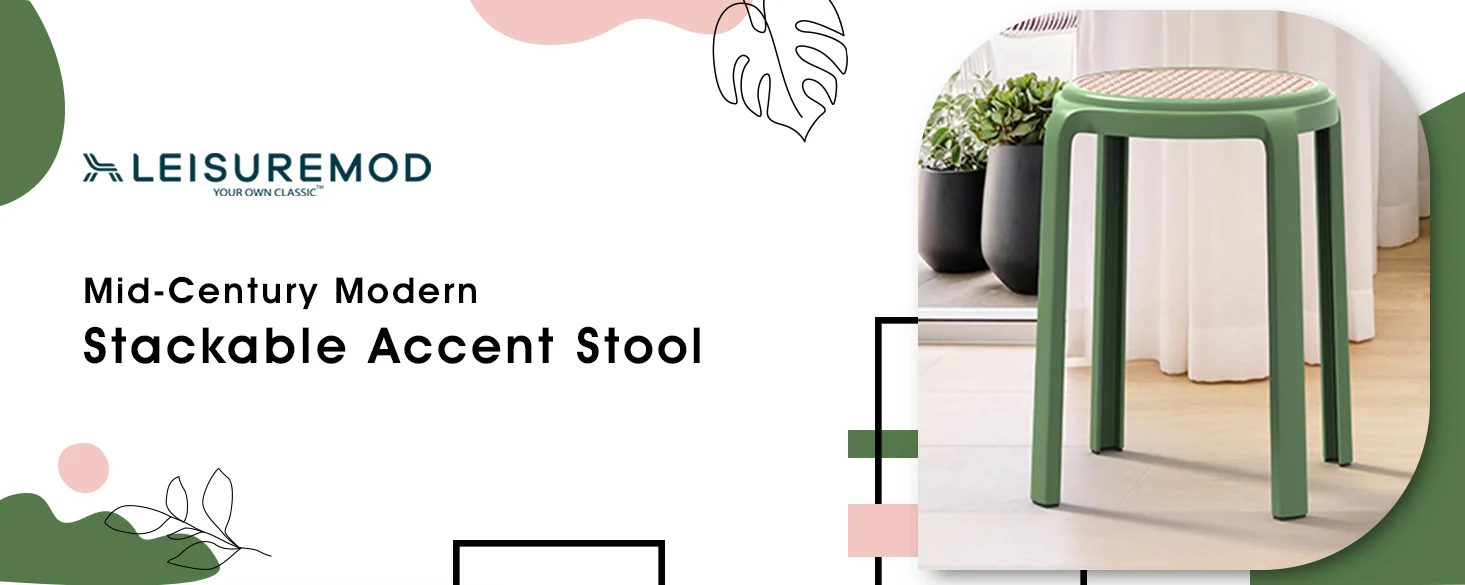 Tresse Series Stackable Round Poly Stool With Wicker Top 13 in Green